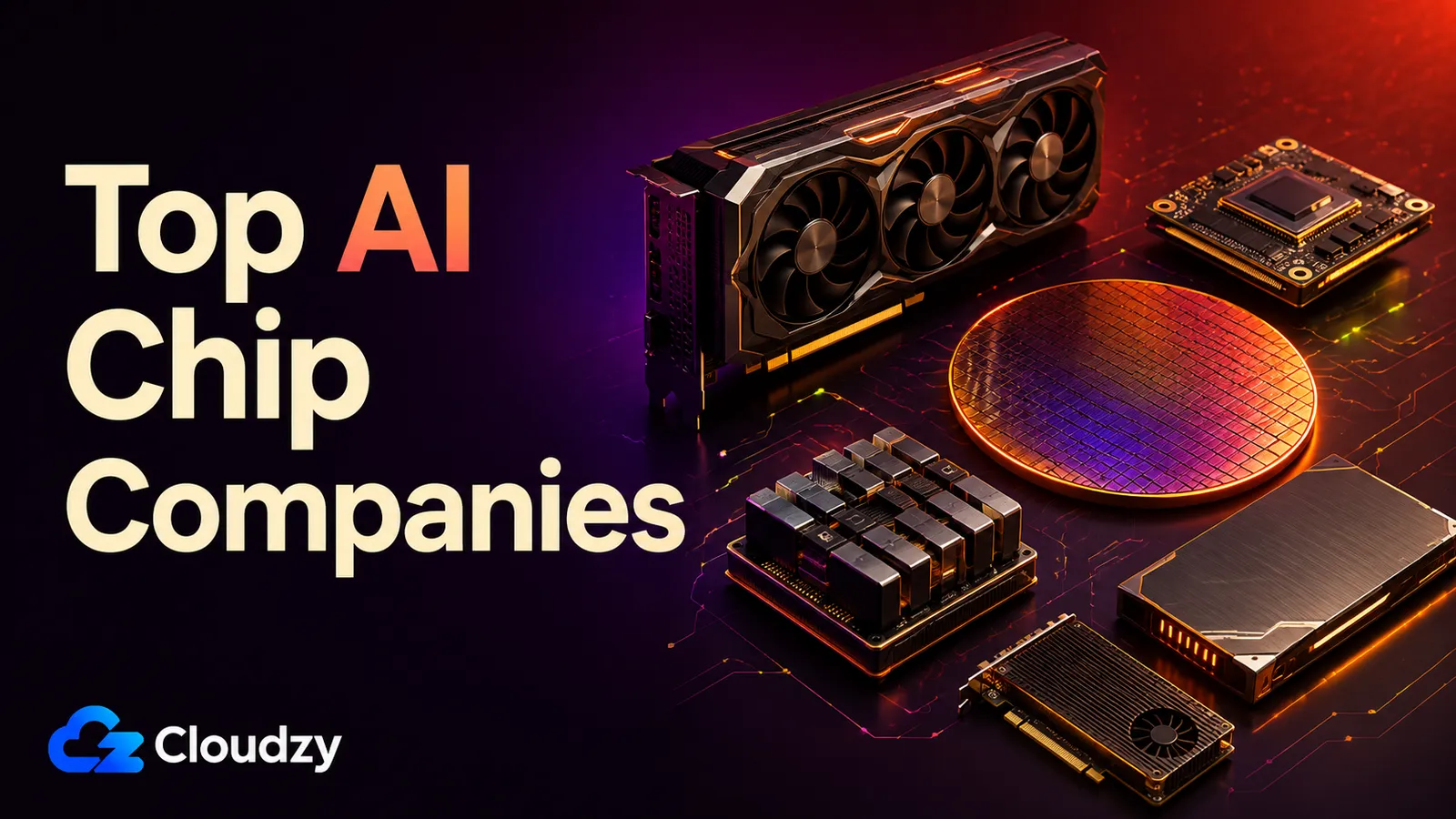 Top AI chip companies: a graphics card, an accelerator module, a silicon wafer and server boards arranged on a dark red background
