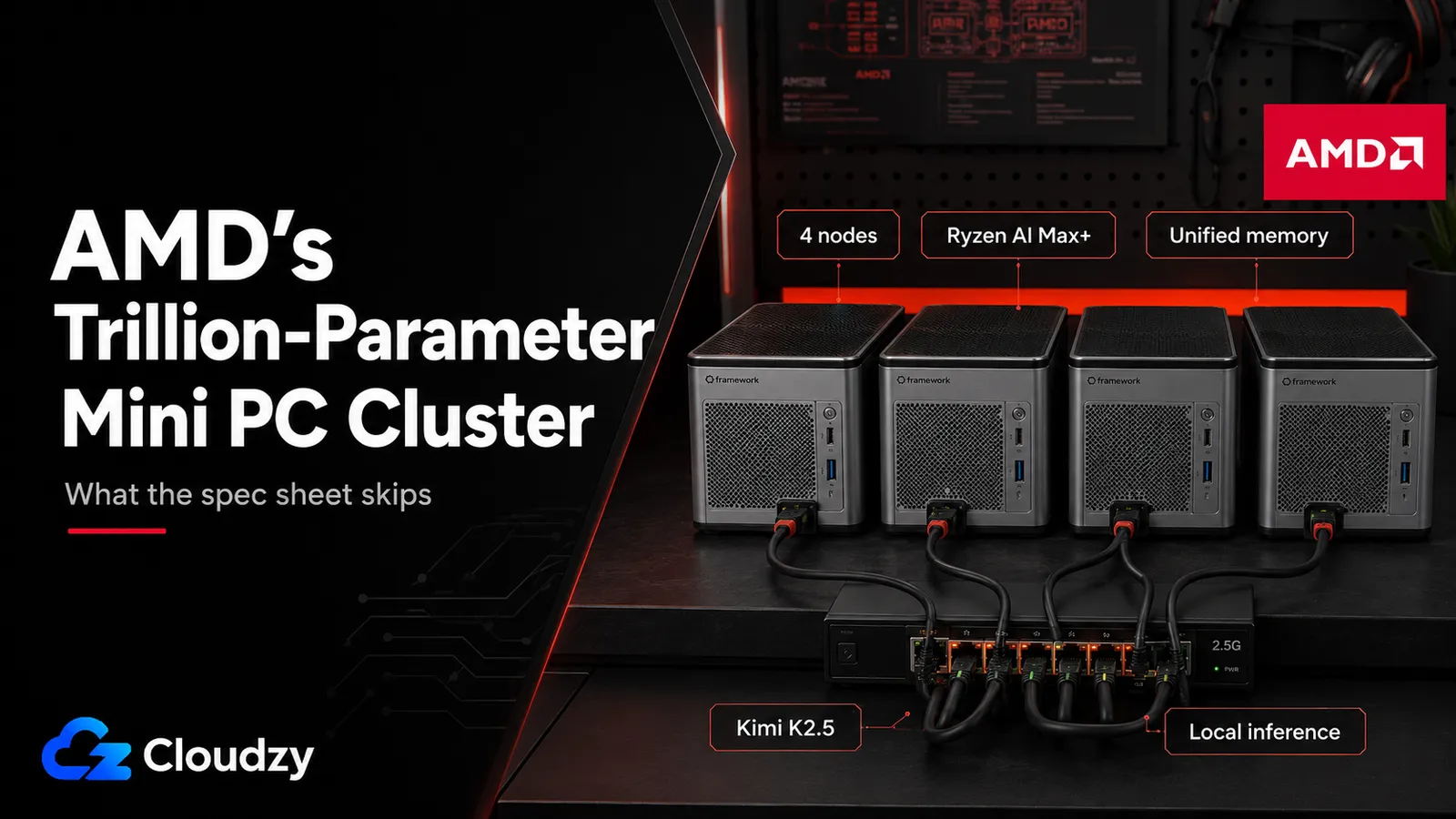 AMD trillion-parameter mini PC cluster: four Framework Desktop nodes with Ryzen AI Max+ 395 and unified memory cabled together, running Kimi K2.5 for local inference