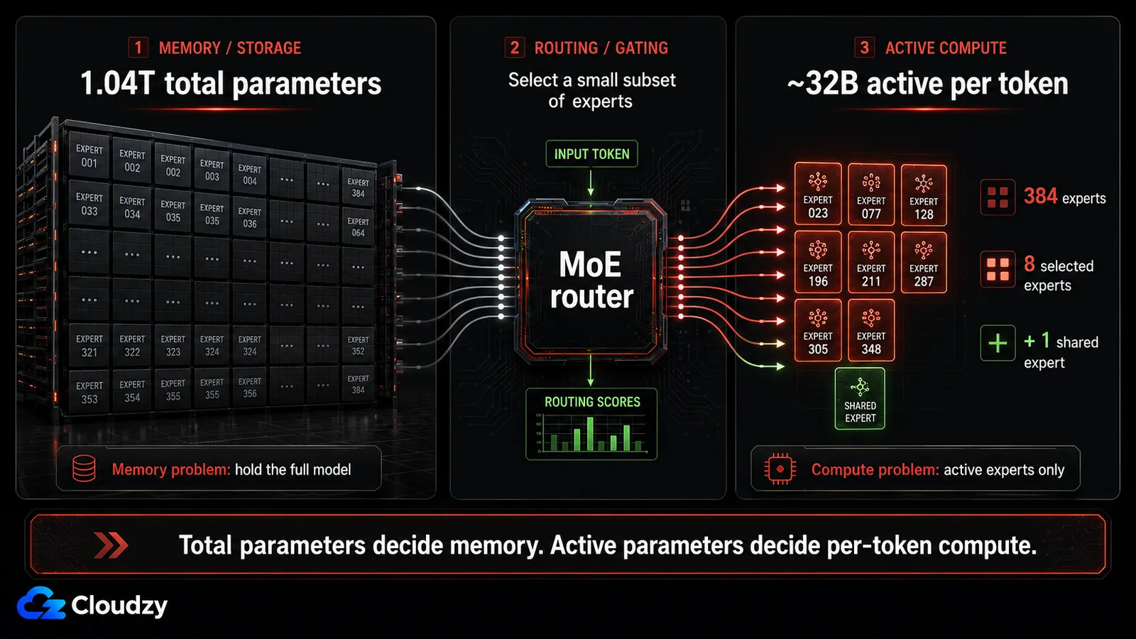 Mixture-of-Experts explainer: 1.04 trillion total parameters must be held in memory, an MoE router selects 8 of 384 experts plus one shared expert per token, so only about 32 billion parameters are active per token. Total parameters decide memory, active parameters decide per-token compute
