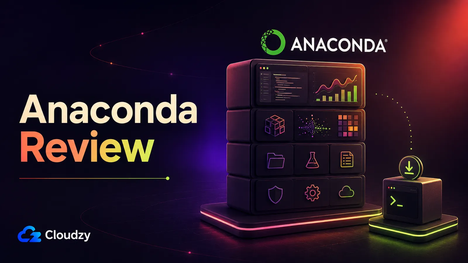 Anaconda Review title card showing a tall stack of bundled data-science tooling beside a small terminal box
