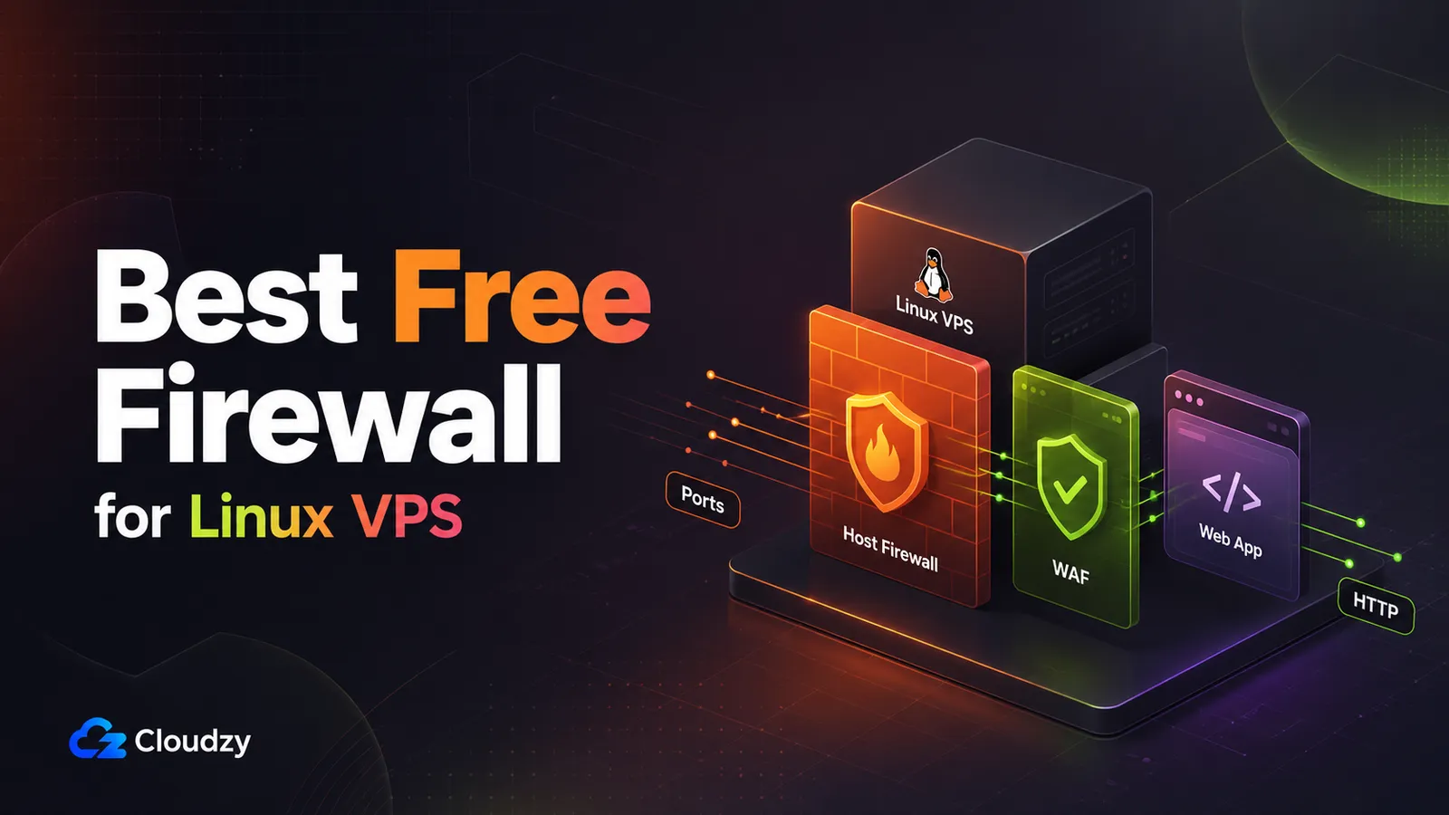 Diagram showing the best free firewall layers for a Linux VPS: a host firewall controlling ports and a WAF inspecting HTTP traffic