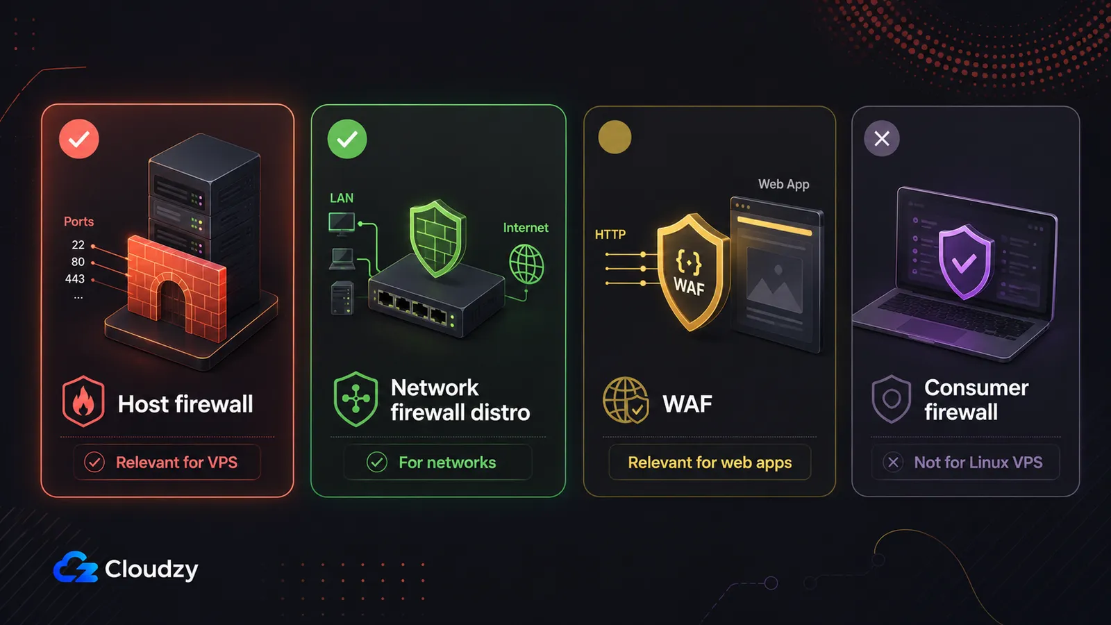 The four categories the term best free firewall covers: Linux host firewalls, network firewall distros, web application firewalls, and Windows endpoint tools