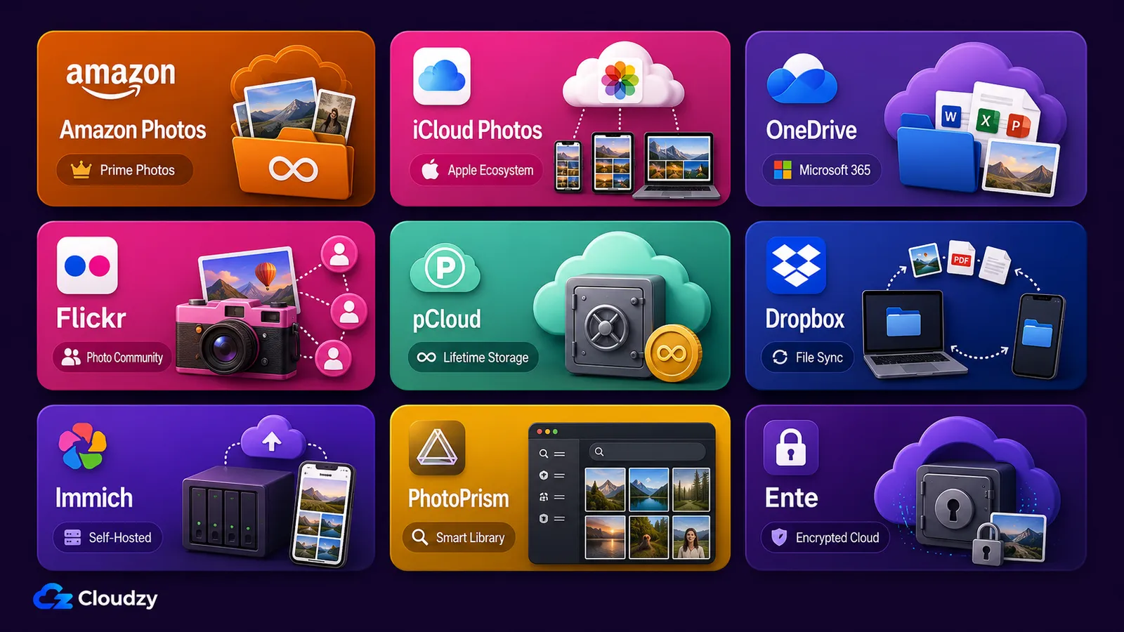 Comparison board of nine Google Photos alternatives as app tiles: Amazon Photos, iCloud Photos, OneDrive, Flickr, pCloud, and Dropbox for the cloud, plus self-hosted Immich, PhotoPrism, and encrypted Ente
