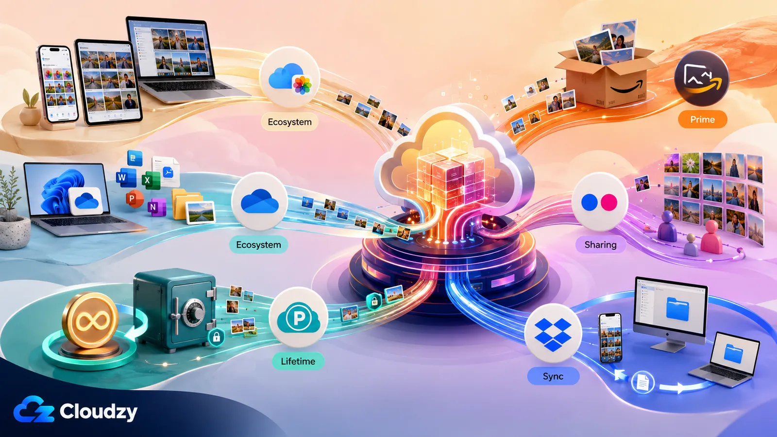 The six mainstream cloud photo services illustrated as streams into one cloud: iCloud and OneDrive tied to their ecosystems, Amazon Photos with Prime, Flickr for sharing, pCloud for lifetime storage, and Dropbox for file sync