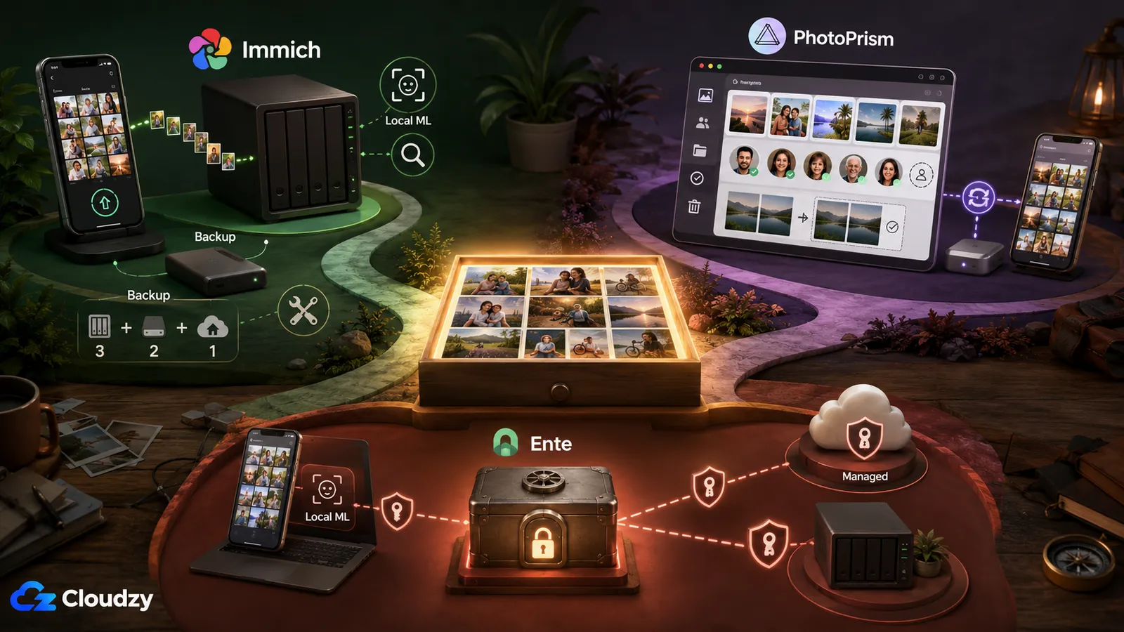 The three self-hosted and privacy-first Google Photos alternatives: Immich with local machine learning and 3-2-1 backups, PhotoPrism's web library, and Ente's encrypted vault available managed or self-hosted