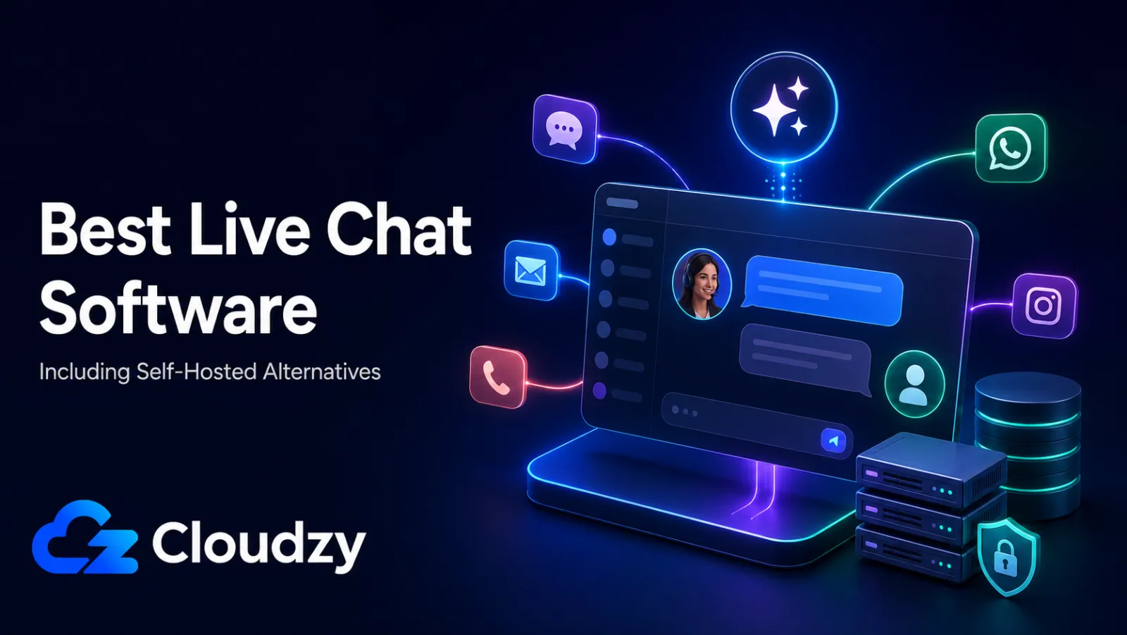 Best live chat software including self-hosted alternatives, shown as a chat dashboard connected to email, phone, WhatsApp, and Instagram channels alongside a self-hosted server and database