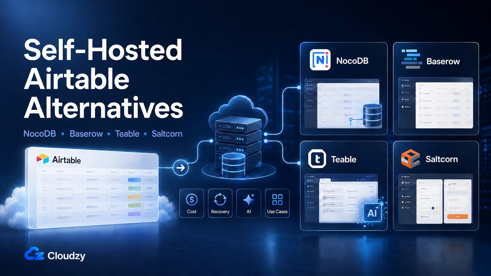 Decision matrix comparing NocoDB, Baserow, Teable, and Saltcorn as self-hosted Airtable alternatives