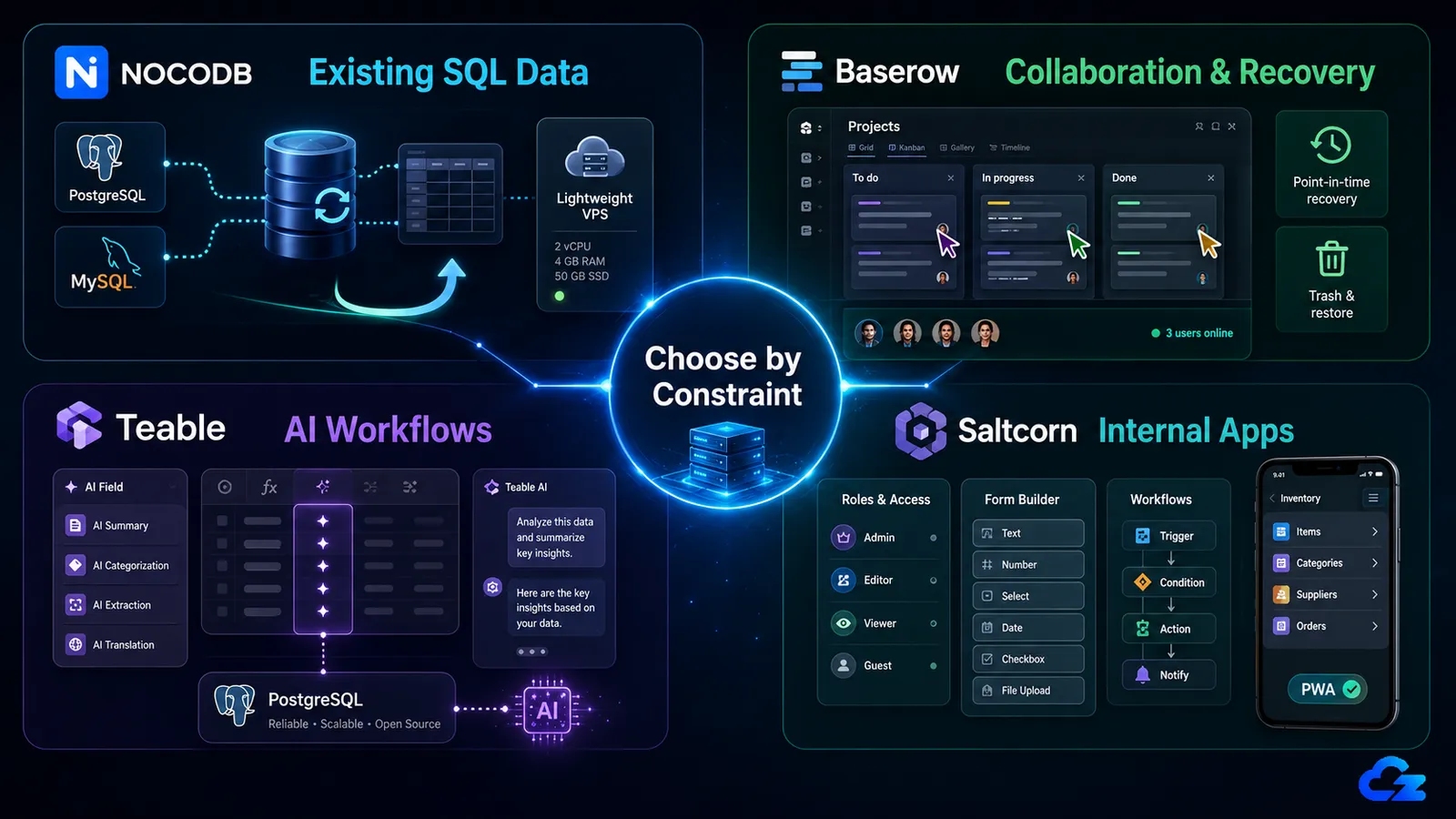 Decision framework for choosing between NocoDB, Baserow, Teable, and Saltcorn based on your constraints