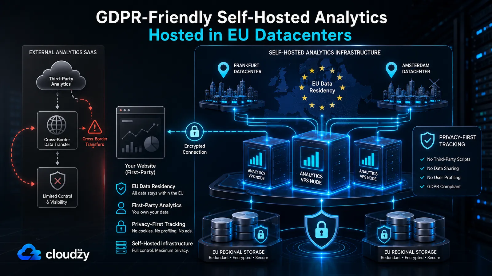 EU datacenter locations for self-hosted analytics, Frankfurt and Amsterdam highlighted