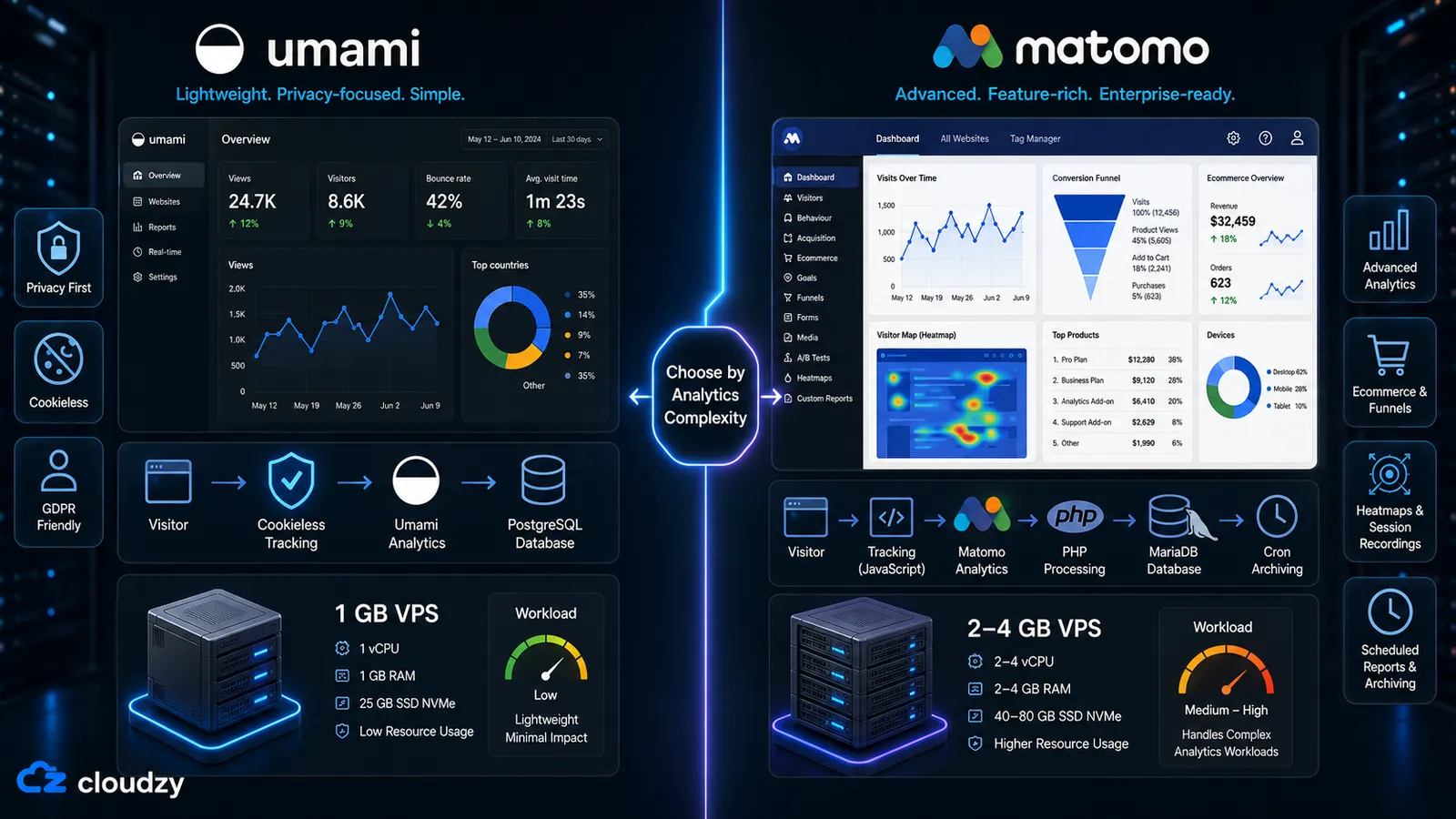 Umami vs Matomo feature comparison for self-hosted analytics in 2026