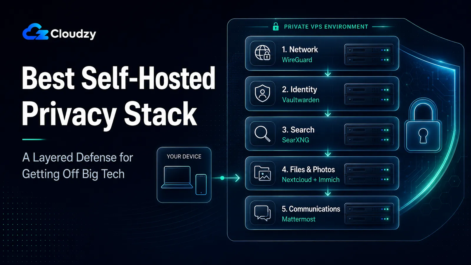 The best five-layer self-hosted privacy stack: WireGuard, Vaultwarden, SearXNG, Nextcloud with Immich, and Mattermost or Rocket.Chat on a VPS you control.