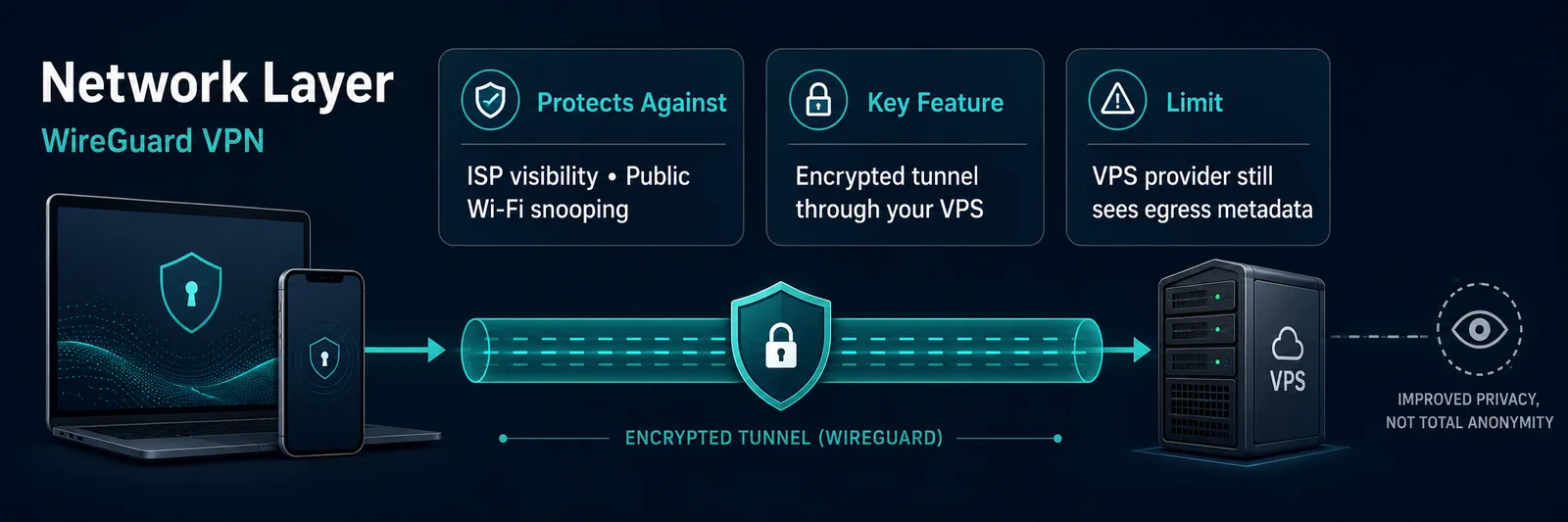 Network layer: WireGuard running on a VPS routes a user's traffic so it egresses from the server instead of the home connection, hiding browsing from the ISP and local network.