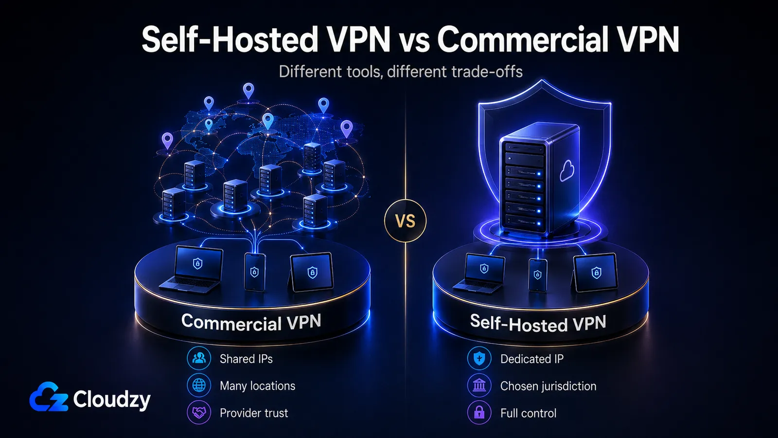Comparison of self-hosted VPN versus commercial VPN: one exit IP you control versus thousands of shared IPs
