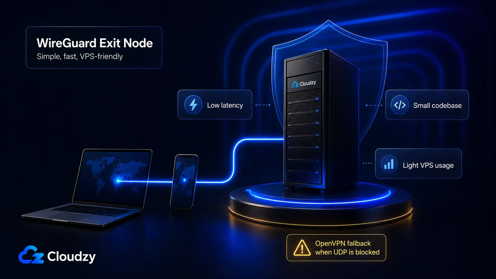 WireGuard exit node diagram: a VPS in a non-Five-Eyes jurisdiction routing encrypted traffic