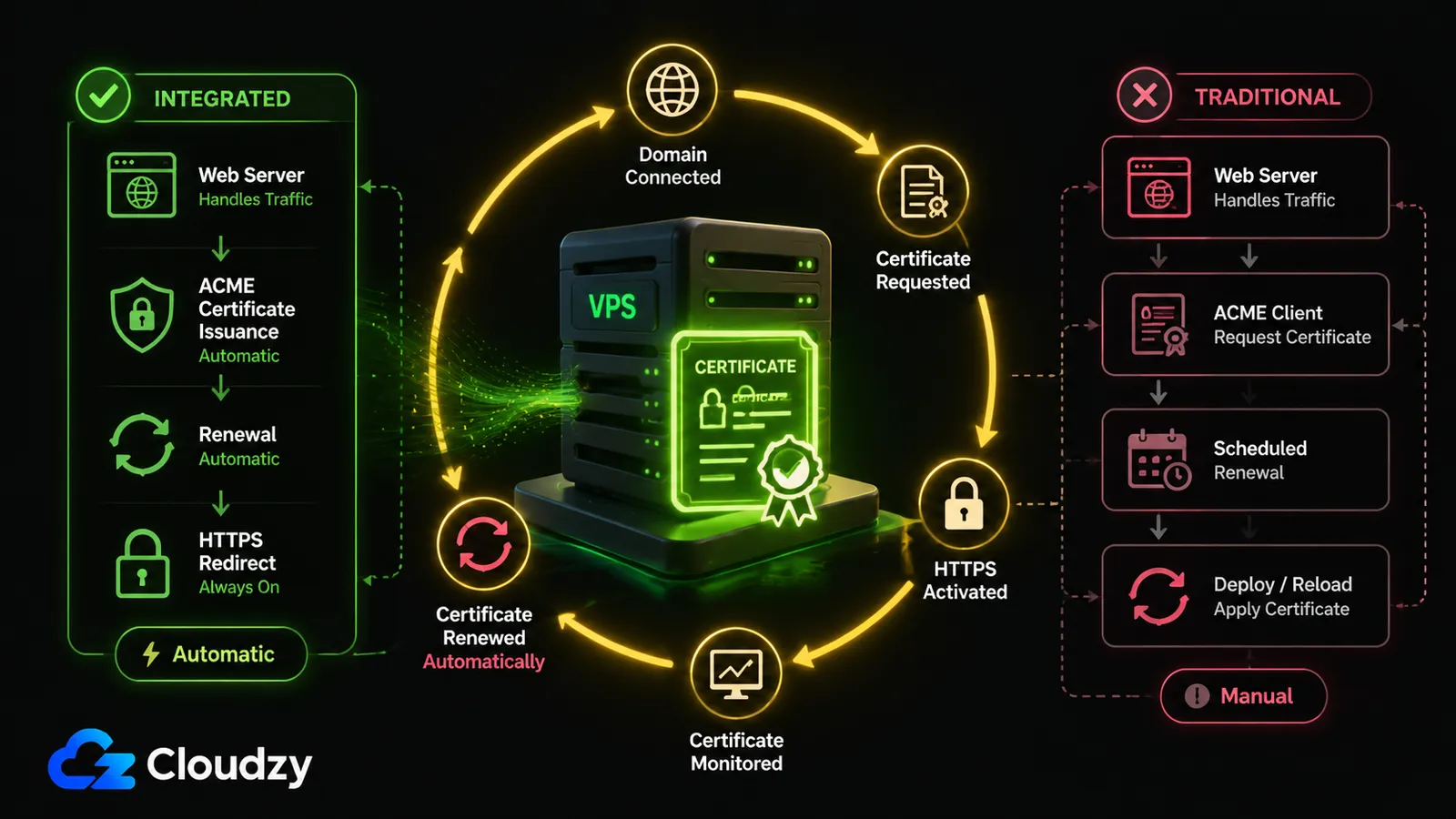 How Caddy's automatic HTTPS replaces the Nginx plus Certbot workflow by handling certificate issuance, renewal, and HTTP-to-HTTPS redirects inside the server