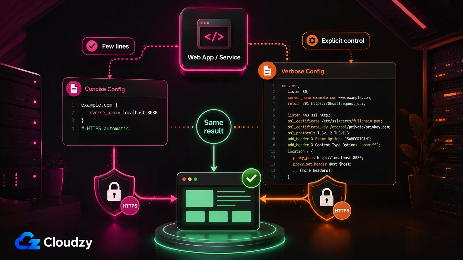 The same HTTPS reverse proxy written as a short Caddyfile and a longer nginx.conf server block, side by side