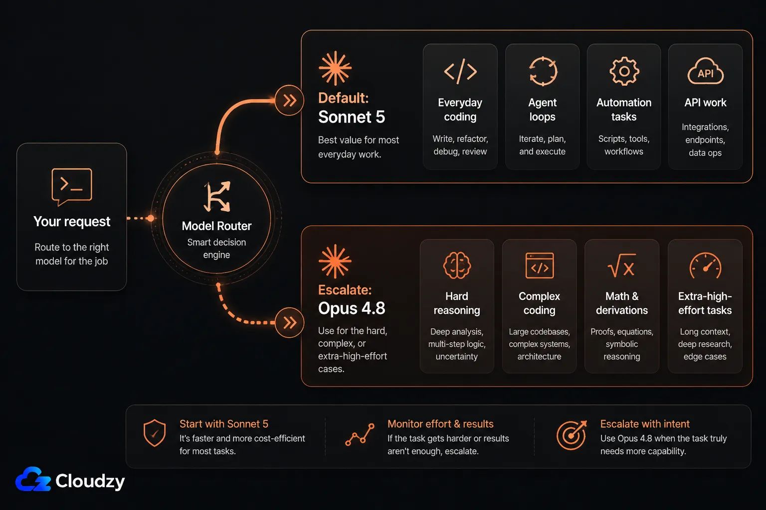 Model router diagram showing requests defaulting to Sonnet 5 for everyday work, writing, agent loops, and API tasks, and escalating to Opus 4.8 for hard reasoning, complex coding, math, and extra-high-effort tasks.