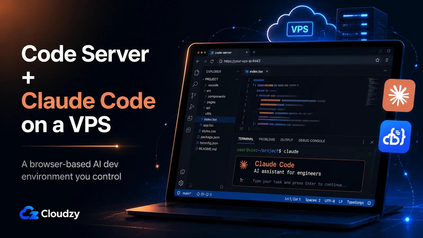A browser-based VS Code IDE with a Claude Code terminal panel running on a VPS, viewed on a tablet
