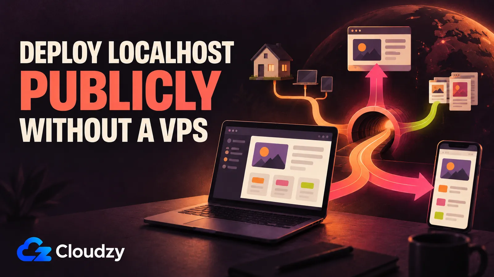 Deploy Localhost Publicly Without a VPS title card: a local app on a laptop fanning out through a tunnel to a phone, a browser window, and a home network