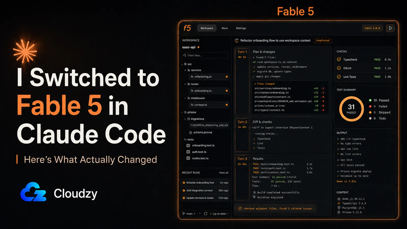 Wide dark-mode blog banner with orange accents showing a Fable 5 developer dashboard with a 3-turn workflow completion, test verification, and self-verification note inside Claude Code.