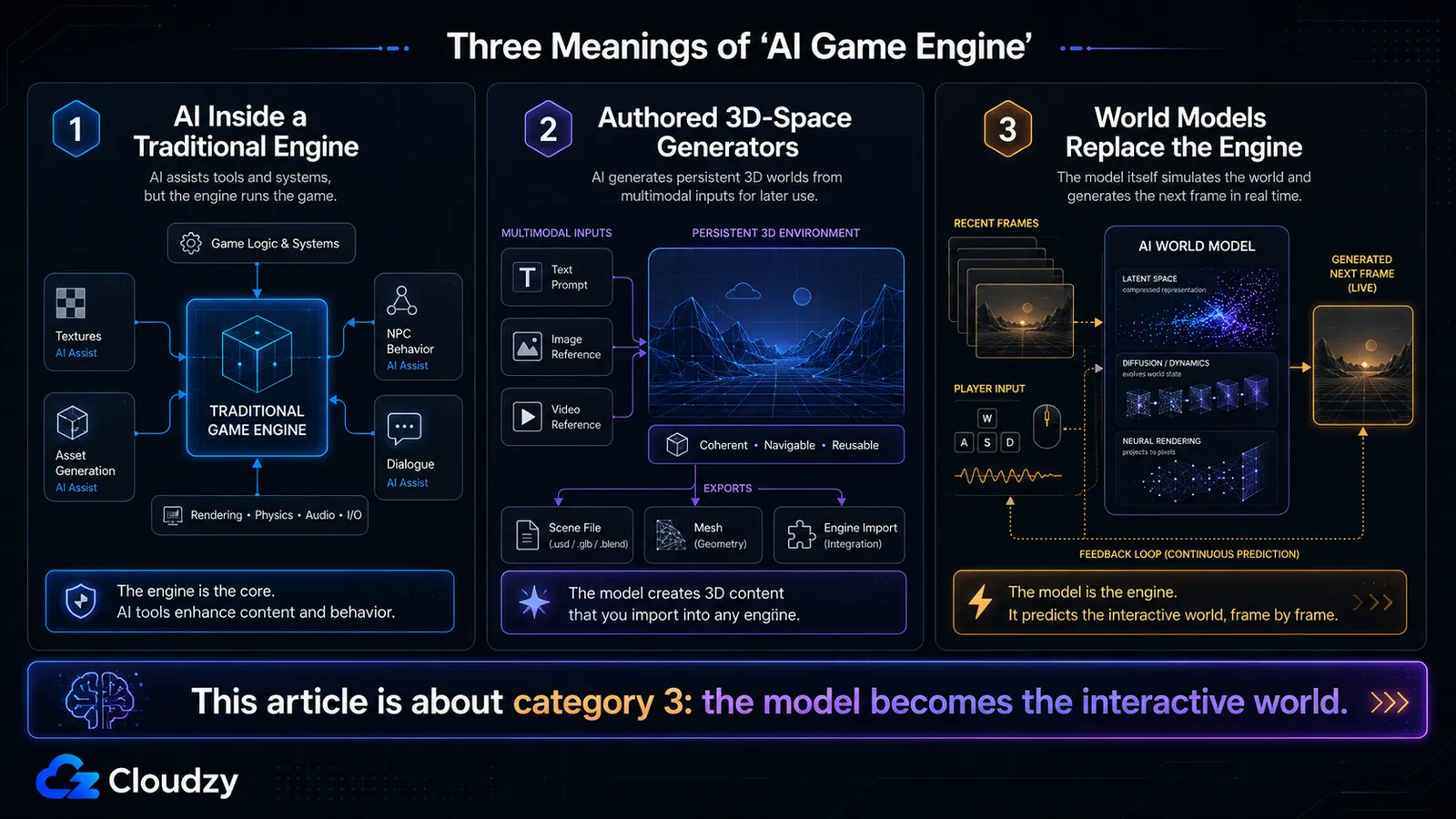 Infographic titled Three Meanings of AI Game Engine: category 1 is AI tools inside a traditional engine for assets, textures and NPC behavior; category 2 is authored 3D-space generators that export scenes; category 3 is world models that replace the engine and generate the interactive frame by frame. A banner notes this article is about category 3.