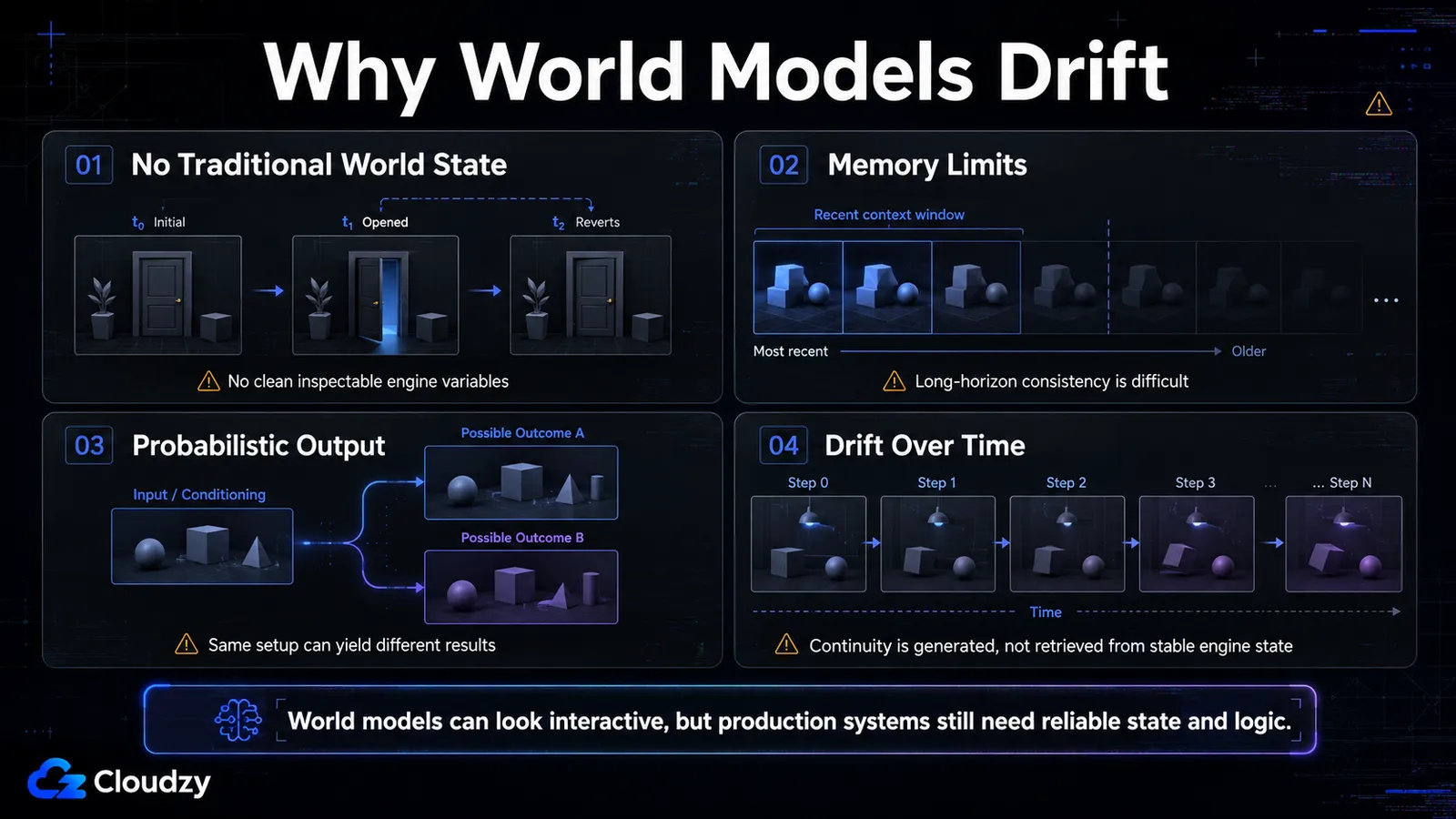 Infographic titled Why World Models Drift with four panels: no traditional world state means no clean inspectable engine variables; memory limits make long-horizon consistency difficult; probabilistic output means the same setup can yield different results; and drift over time means continuity is generated rather than retrieved from stable engine state.