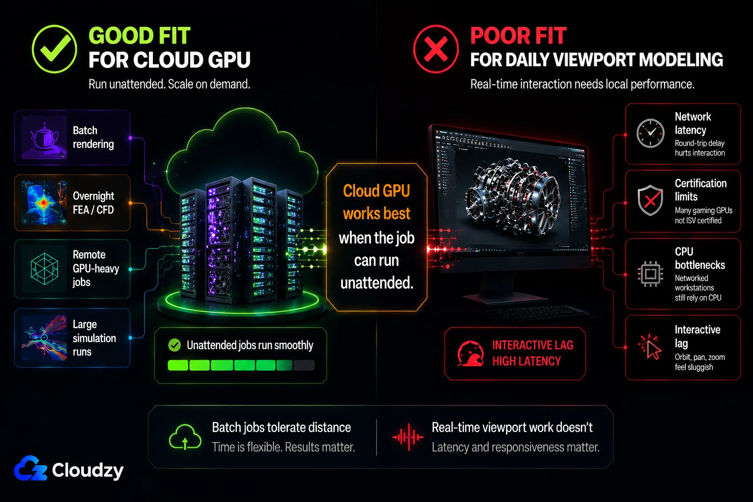 Cloud GPU is a good fit for batch rendering and overnight FEA/CFD simulation that can run unattended, and a poor fit for daily interactive viewport modeling, where network latency and certification limits create noticeable lag