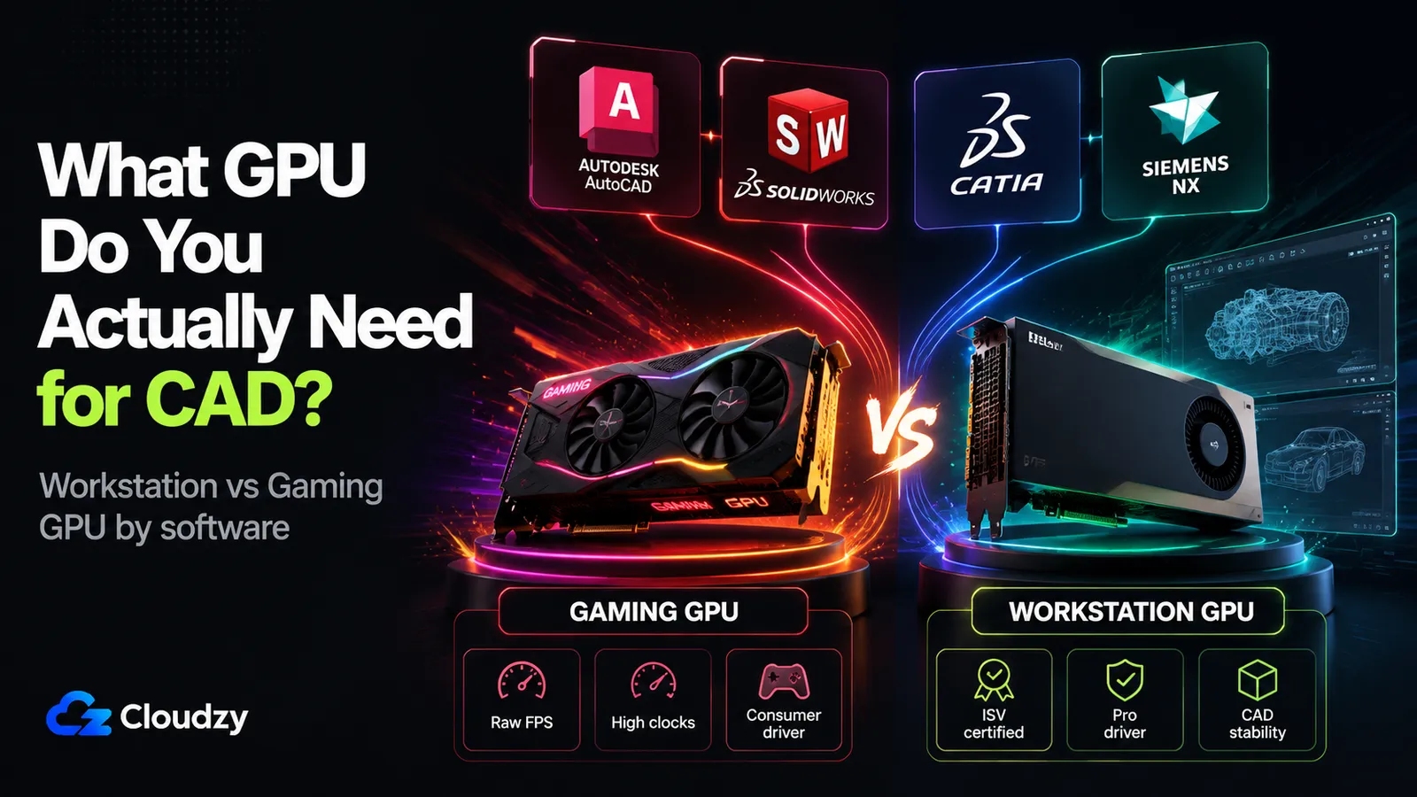 What GPU do you actually need for CAD: workstation GPU versus gaming GPU compared across AutoCAD, SolidWorks, CATIA, and Siemens NX