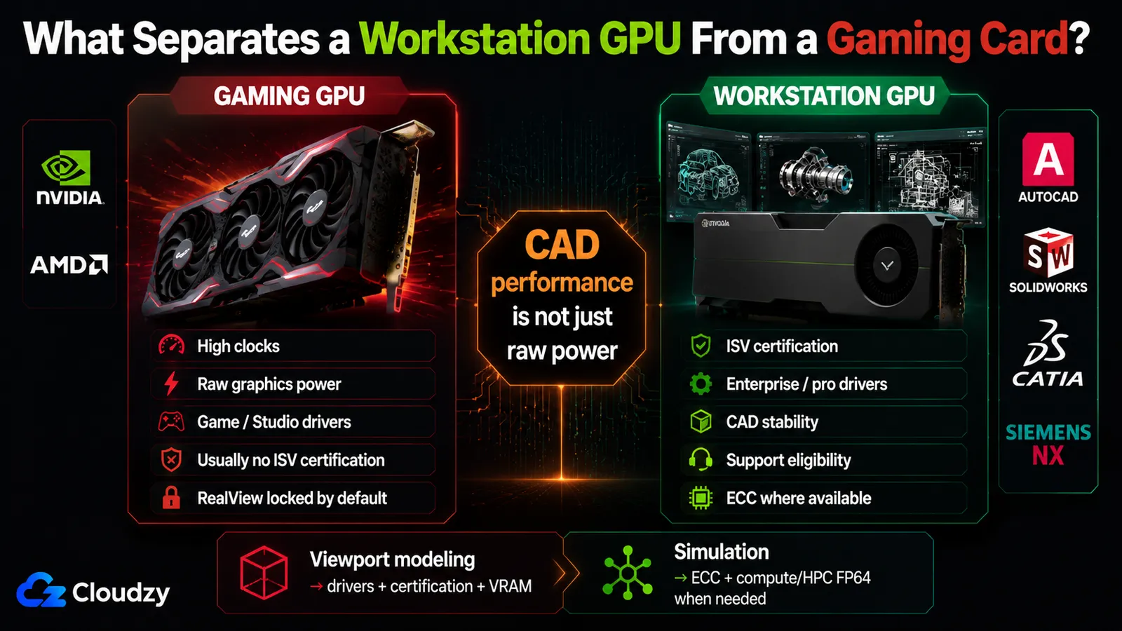 Comparison of gaming GPU and workstation GPU for CAD: gaming cards offer high clocks and raw graphics power but usually no ISV certification and RealView locked by default, while workstation cards add ISV certification, enterprise drivers, CAD stability, support eligibility, and ECC where available