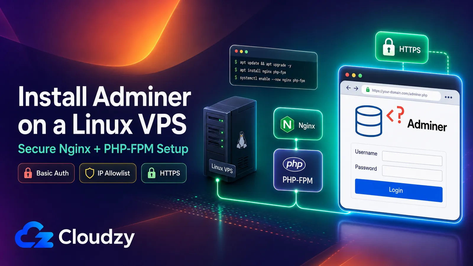 Adminer login screen served by Nginx on a Linux VPS