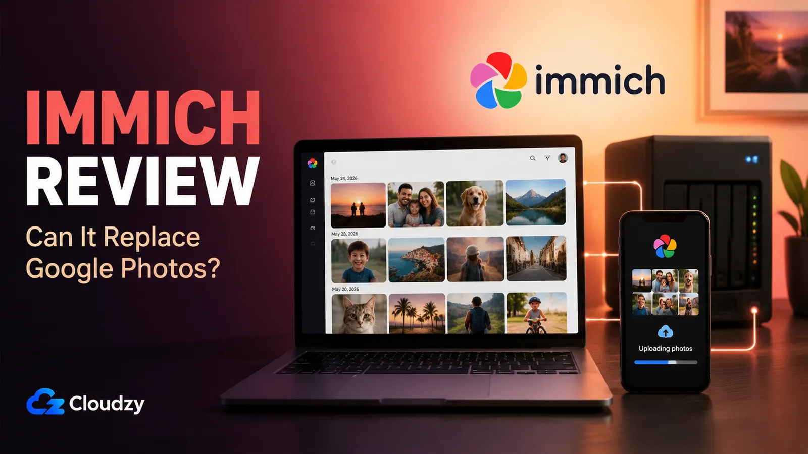 Immich self-hosted photo library shown in a browser and on a phone, reviewed as a Google Photos alternative