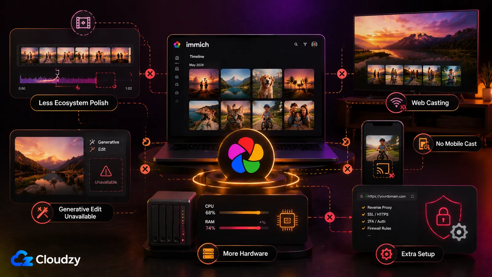 Where Immich falls short of Google Photos: less ecosystem polish, generative editing unavailable, web-only casting with no mobile cast, higher CPU and RAM demands, and extra setup such as reverse proxy, HTTPS, and firewall rules for secure remote access