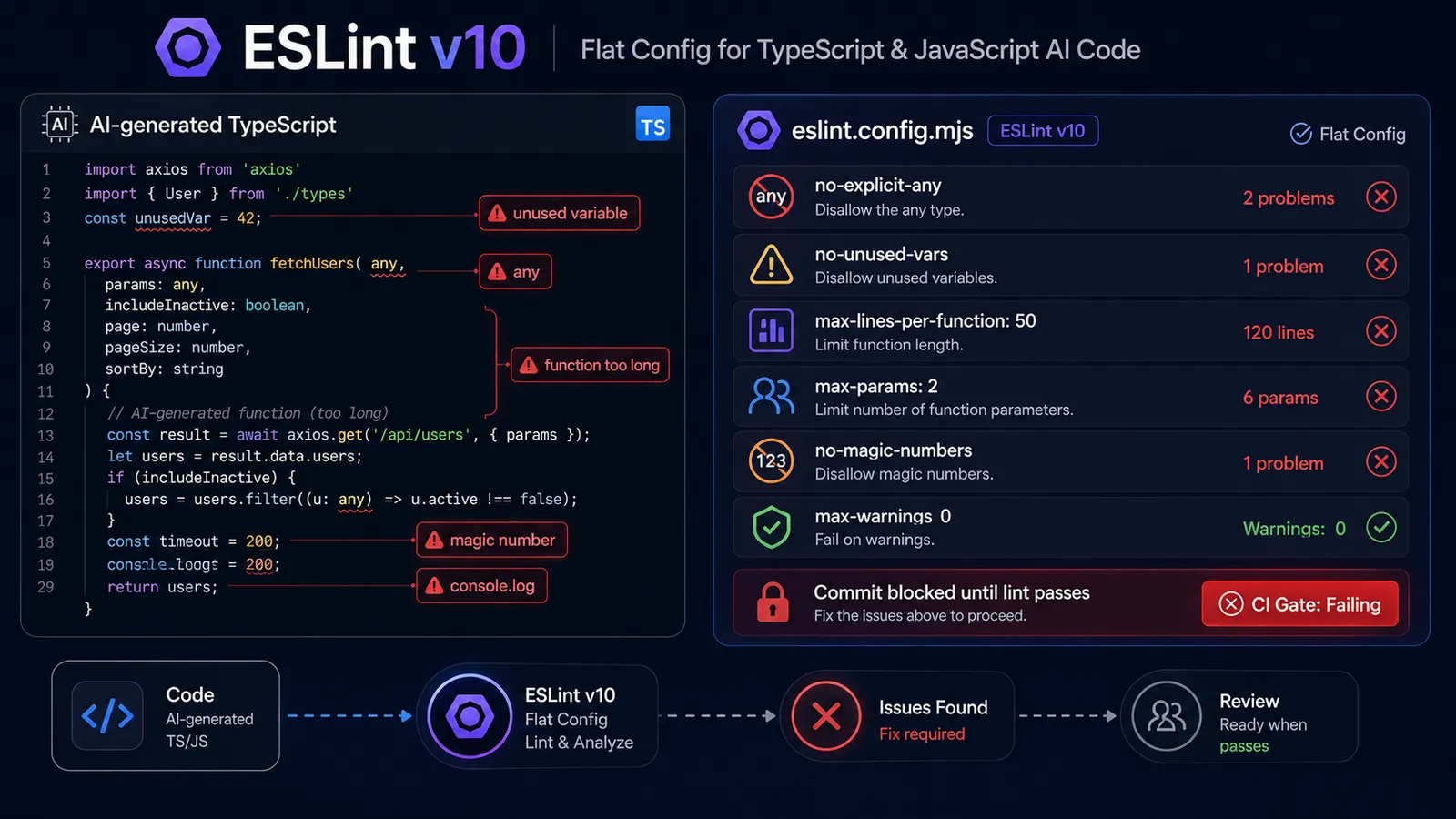 ESLint v10 flat config reporting no-explicit-any and max-lines-per-function violations in an AI-generated TypeScript file