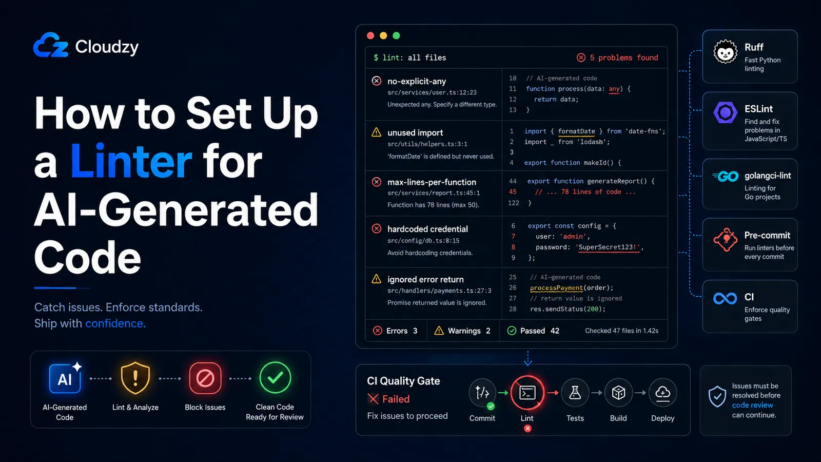 ESLint output showing AI-specific lint violations in a TypeScript file