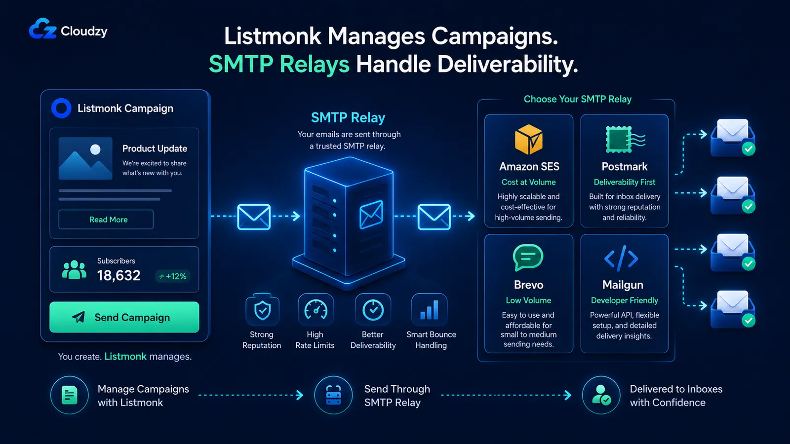 Choosing an SMTP relay for Listmonk: Amazon SES, Postmark, Brevo, and Mailgun compared by cost structure, bounce webhooks, and best fit.