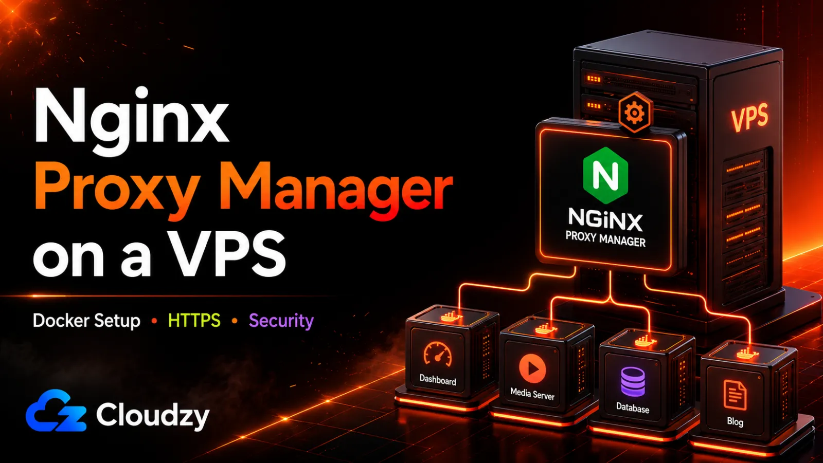 Nginx Proxy Manager on a VPS routing one public IP to Dashboard, Media Server, Database, and Blog containers over HTTPS
