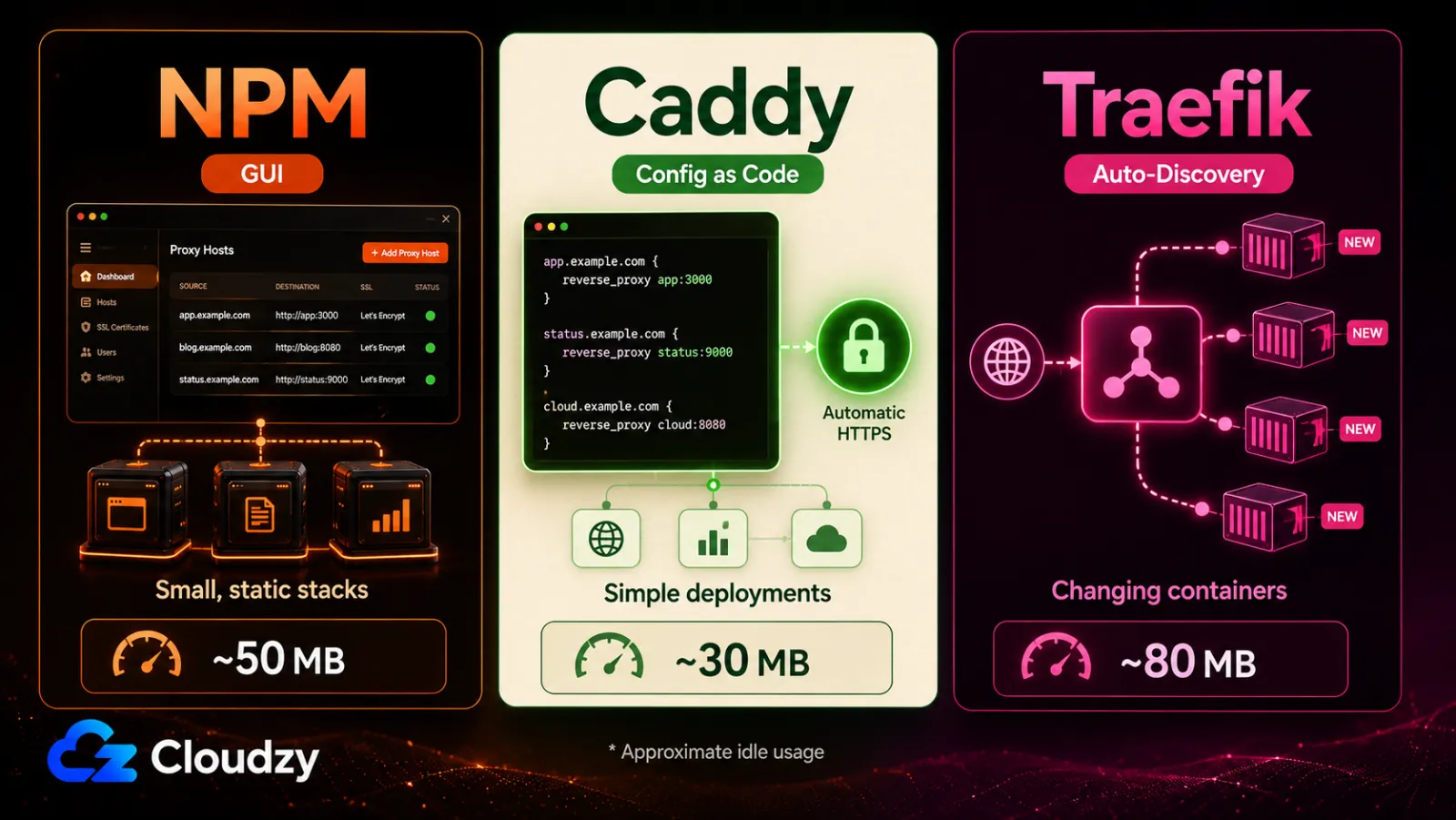 NPM, Caddy, and Traefik compared: NPM is a GUI for small static stacks at about 50 MB idle, Caddy is config-as-code for simple deployments at about 30 MB, and Traefik uses Docker auto-discovery for changing containers at about 80 MB