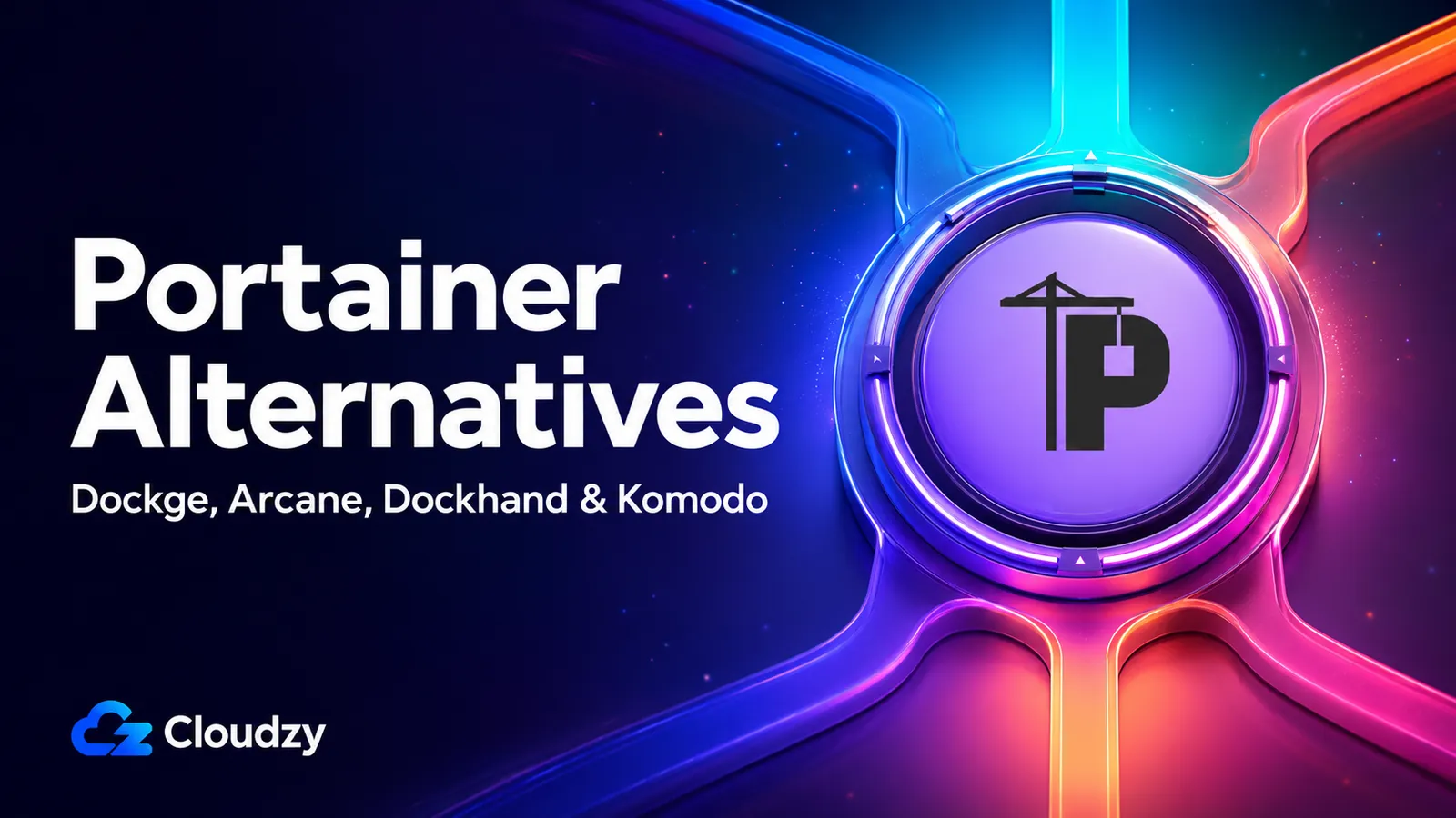 Four Portainer alternatives, Dockge, Arcane, Dockhand, and Komodo, shown as labeled Docker management UI panels