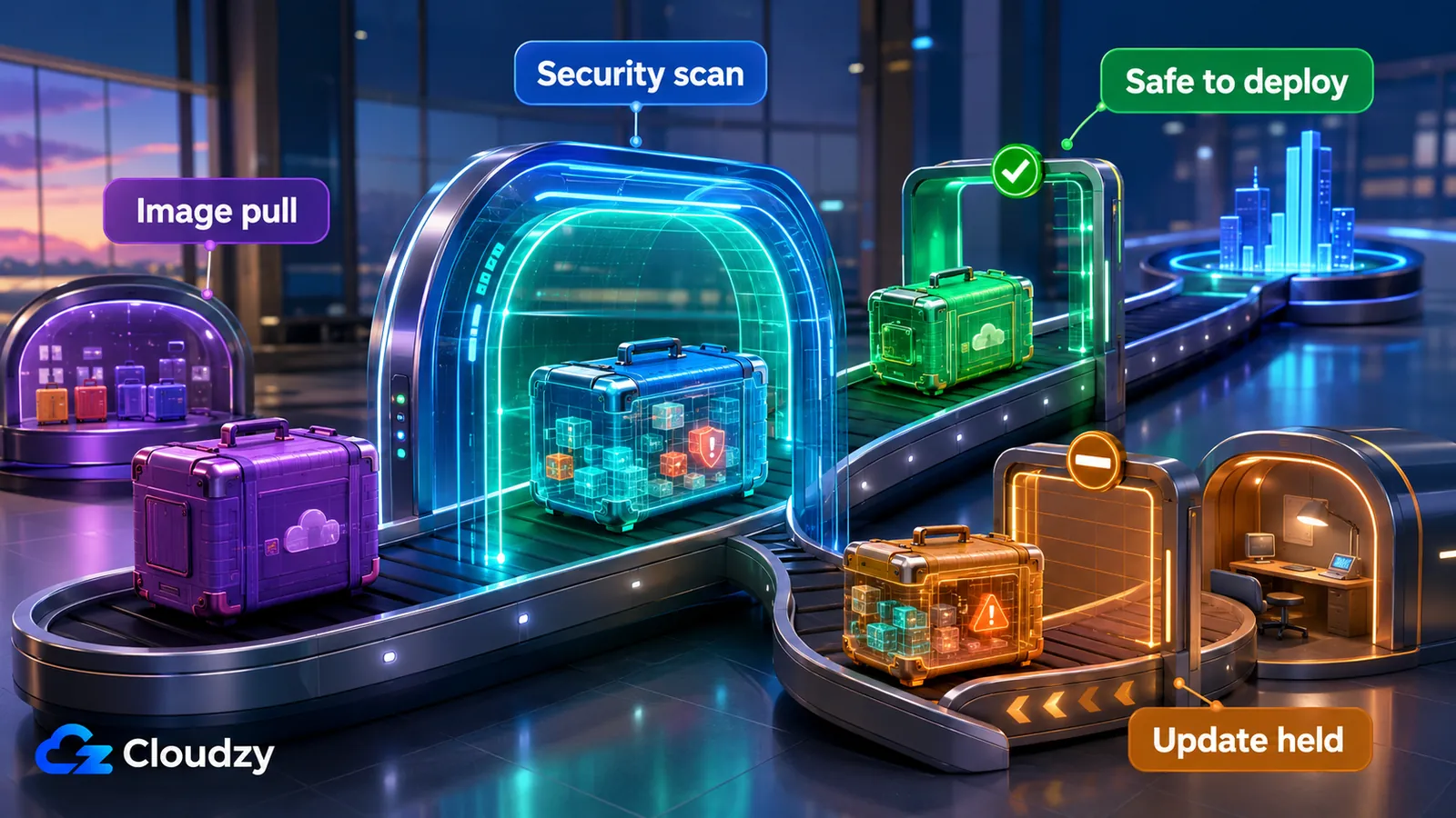 Dockhand security-first Docker management: vulnerability scanning with Grype and Trivy built into the deployment flow, safe-pull mode holding back image updates that a scan flags, free OIDC/SSO, and auto-updates with rollback, shipped under the Business Source License 1.1