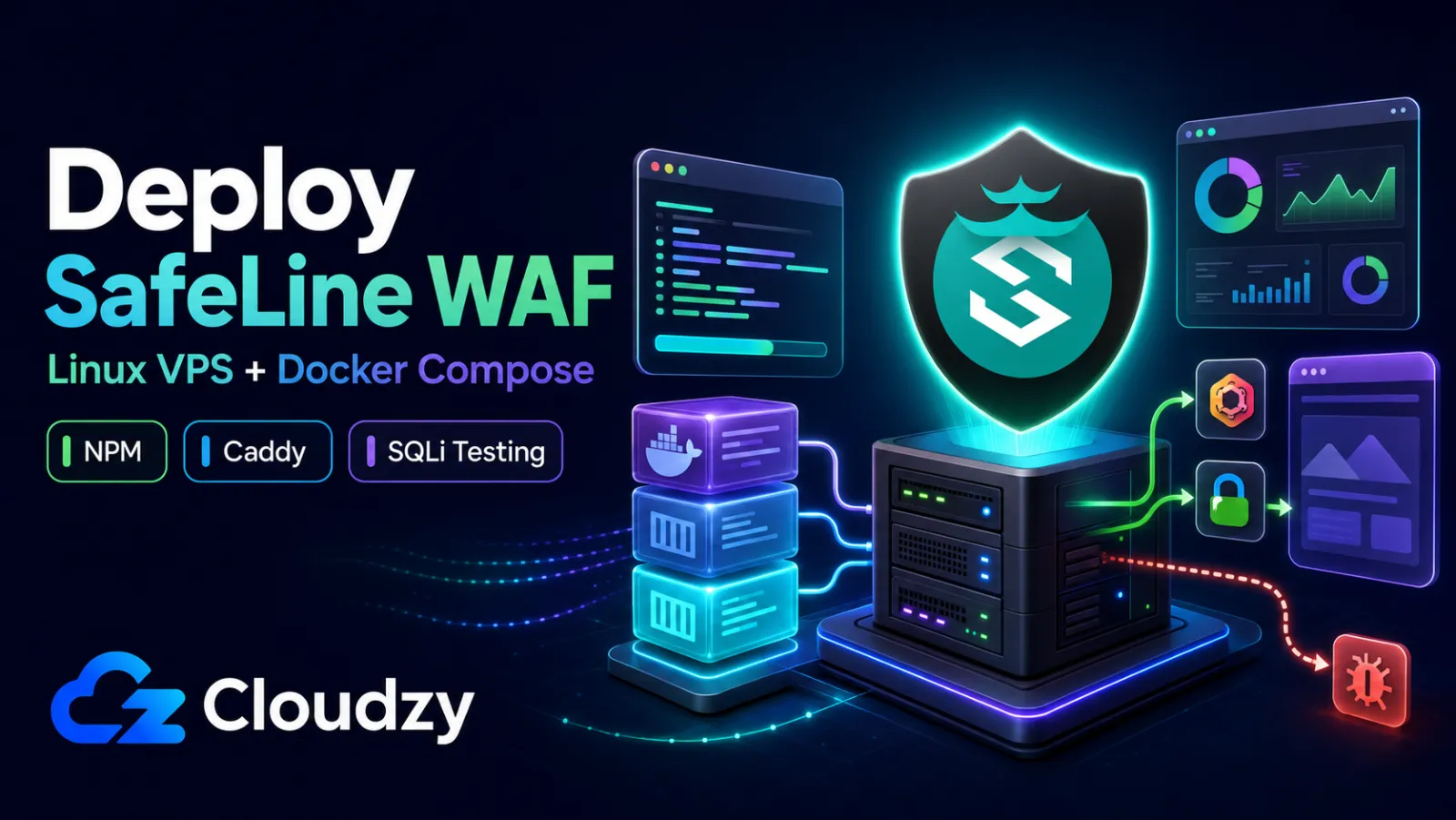 SafeLine WAF deployed on a Linux VPS with Docker Compose, shown as a shielded server filtering traffic with NPM, Caddy, and SQLi testing labels