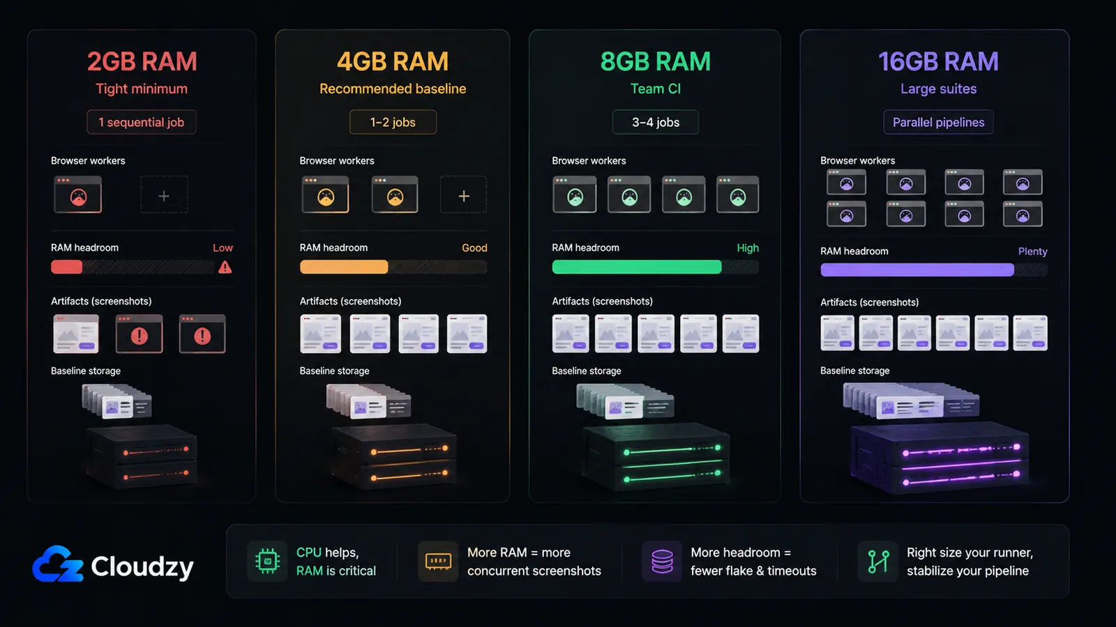 VPS memory sizing guide for headless Chromium visual regression jobs: 2GB for a single sequential job, 4GB as the recommended baseline for one to two concurrent jobs, 8GB for three to four concurrent jobs, and 16GB for large suites and parallel pipelines