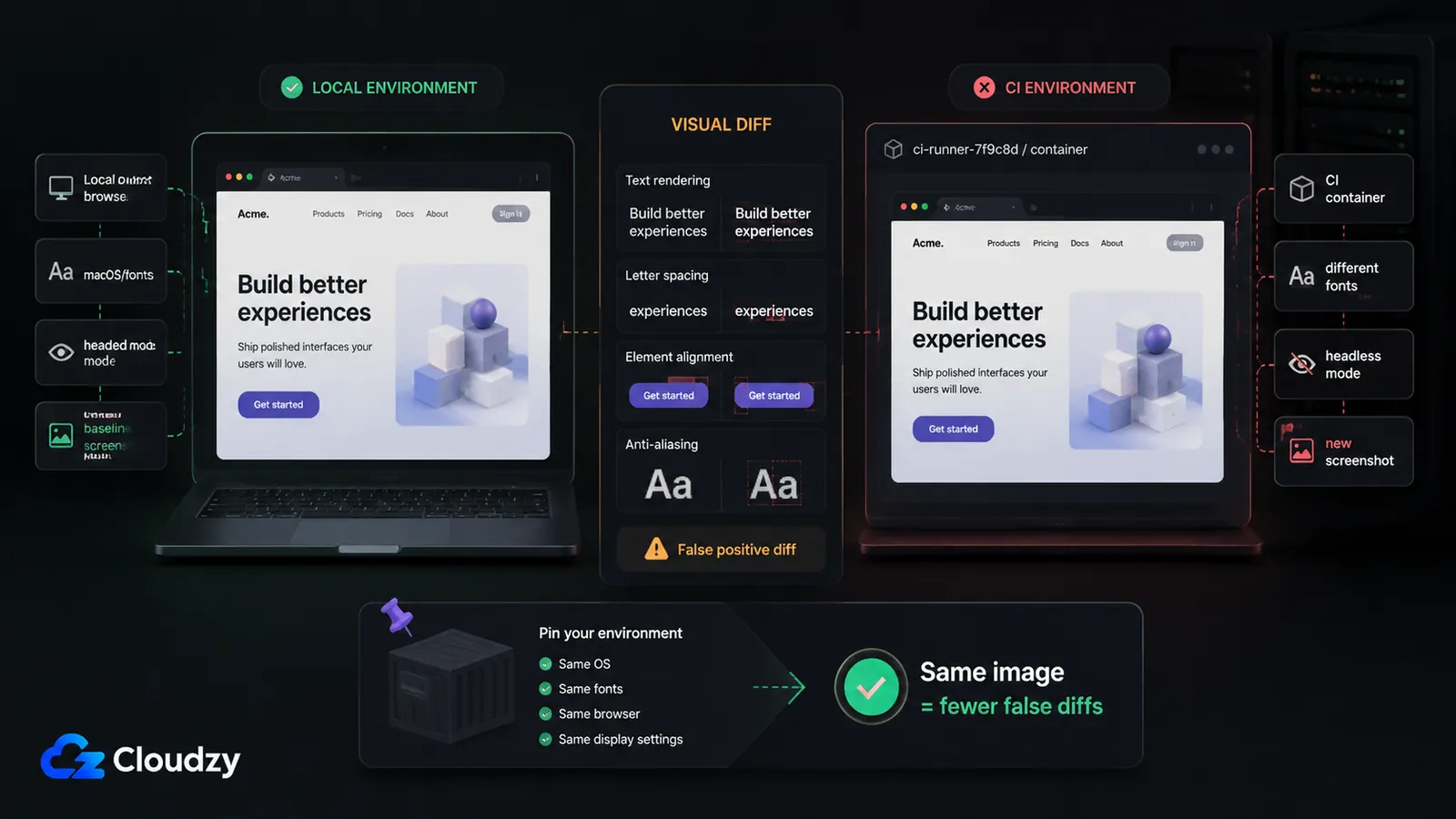 Three reasons visual regression tests pass locally but fail in CI: font and anti-aliasing differences between the dev machine and the CI container, headless versus headed rendering differences, and shared-memory exhaustion from Docker's 64MB /dev/shm default crashing headless Chromium