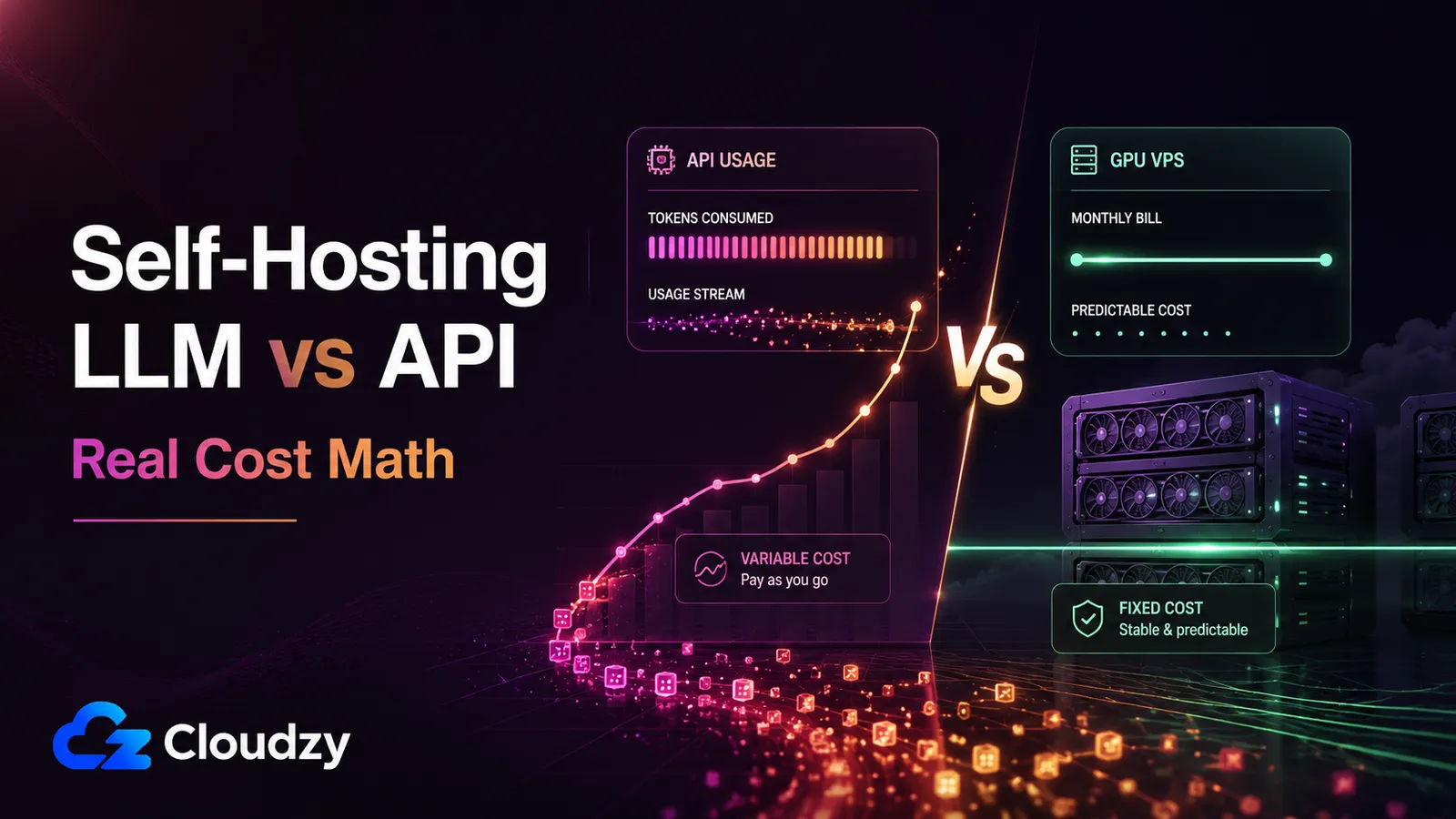 Self-hosting an LLM versus using an API: a fixed monthly GPU bill against per-token API metering, the fixed-versus-variable cost trade-off
