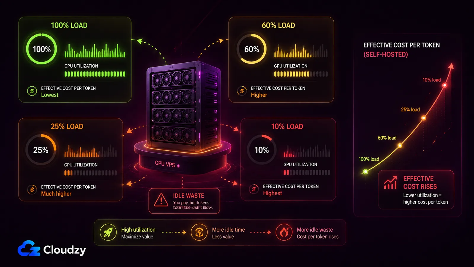 Effective cost per token rises sharply as GPU utilization falls: lowest at 100% load, higher at 60%, much higher at 25%, and highest at 10%, because idle capacity is still billed