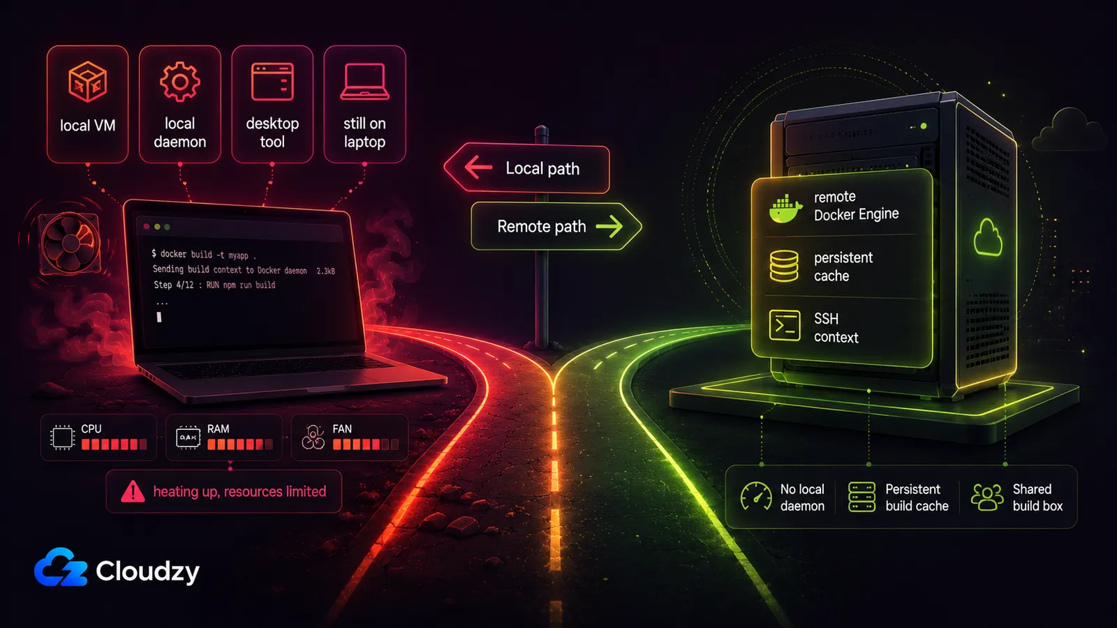 The local-versus-remote fork: local paths keep a VM, daemon, and desktop tool on the laptop, while the remote path runs Docker Engine, a persistent cache, and an SSH context on a VPS with no local daemon.