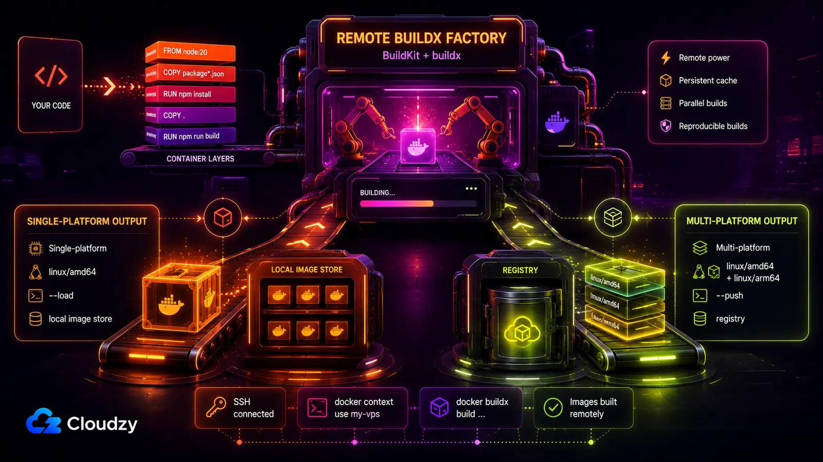 Remote buildx factory diagram: your code and container layers feed a remote BuildKit builder that outputs either a single-platform image loaded to the local image store, or a multi-platform image pushed to a registry.