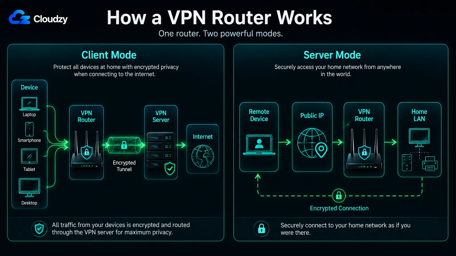 Diagram of how a VPN router works: a device sends packets to the router, the router encrypts them and forwards them through the VPN tunnel to the VPN server and out to the public internet.