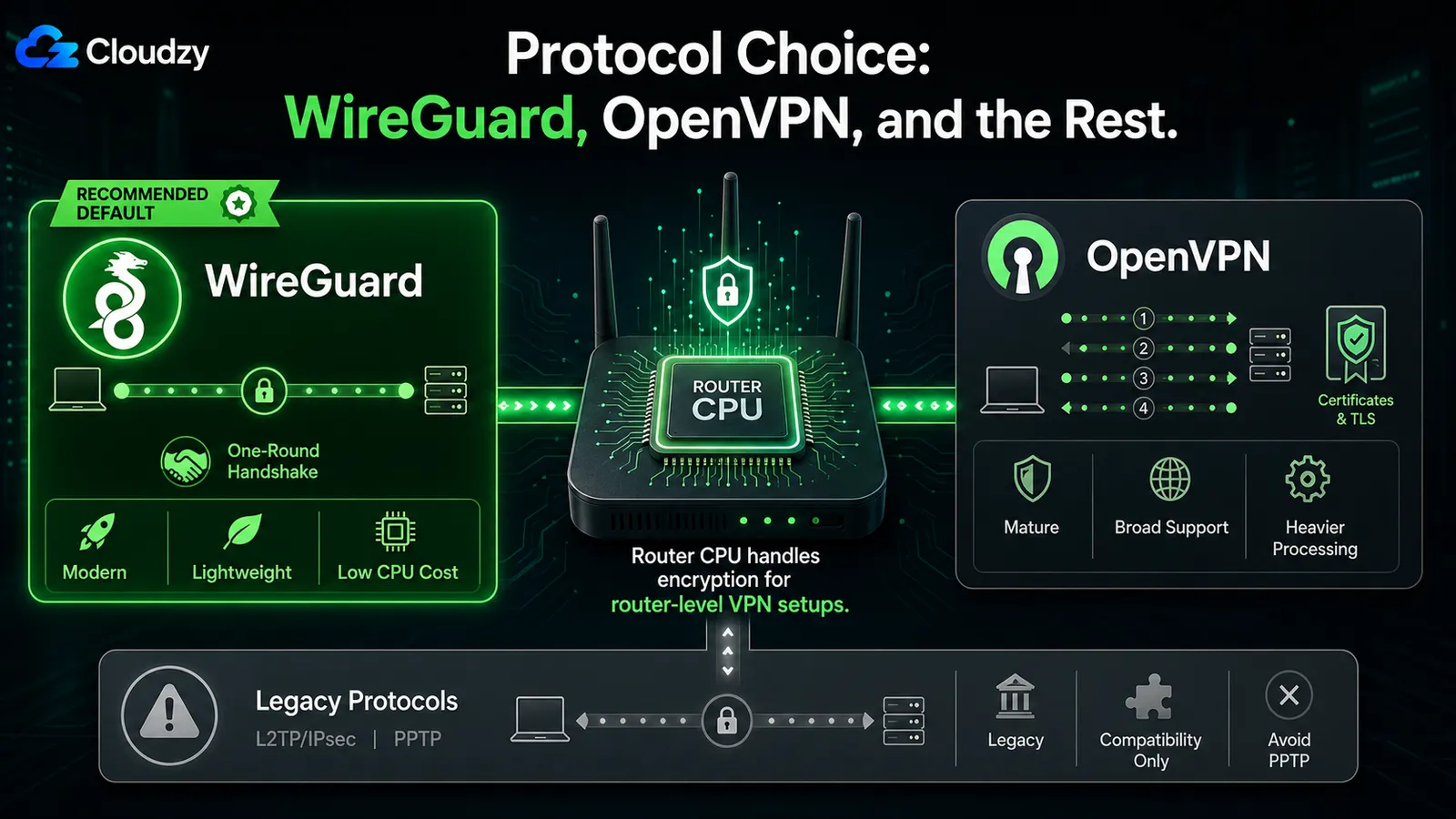 Protocol choice for a router VPN: WireGuard versus OpenVPN versus L2TP/IPsec, compared by codebase size, handshake, and per-packet CPU cost.