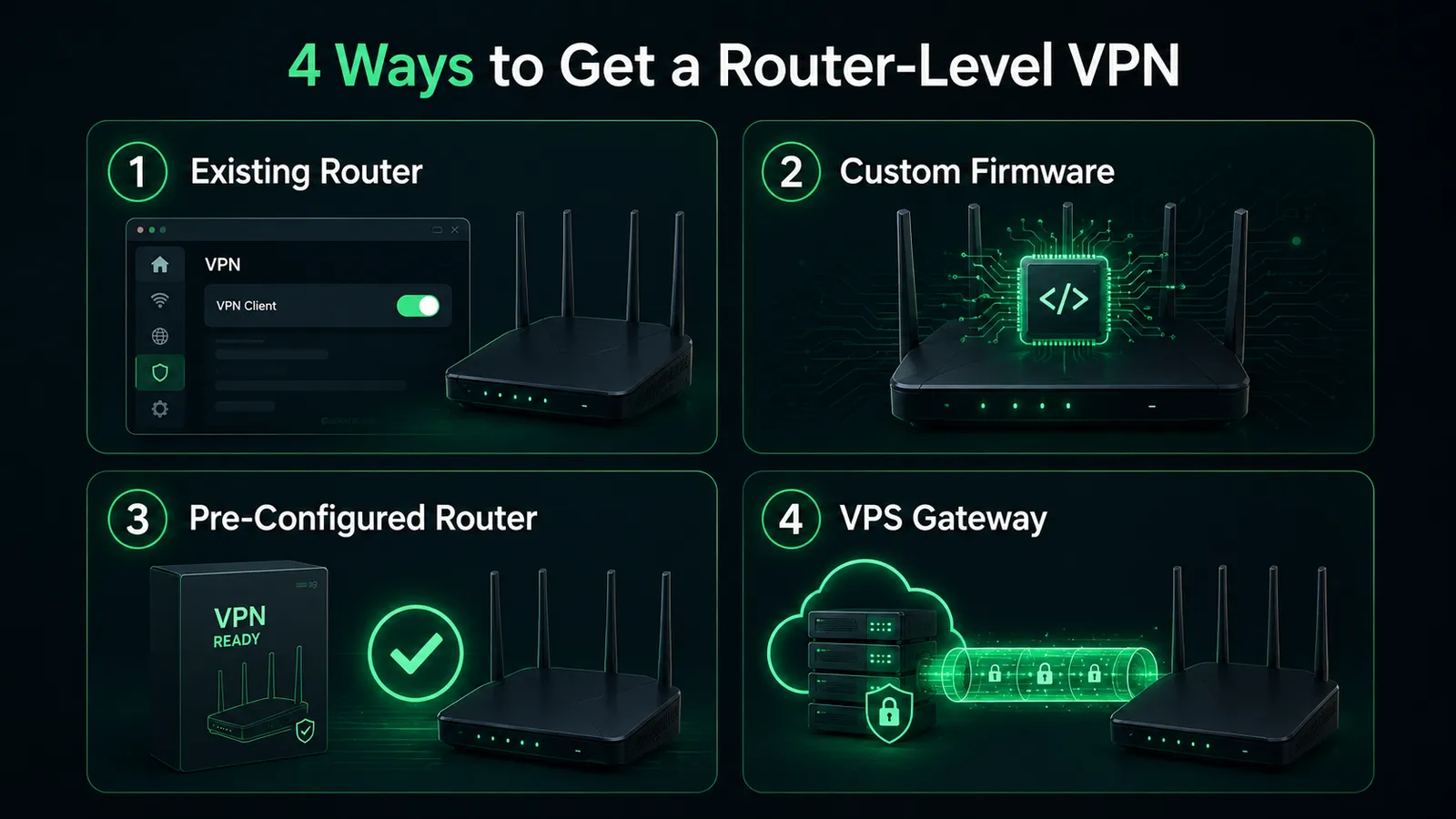 The four paths to a router-level VPN: use an existing VPN-capable router, flash custom firmware, buy a pre-configured router, or run WireGuard on a VPS gateway.