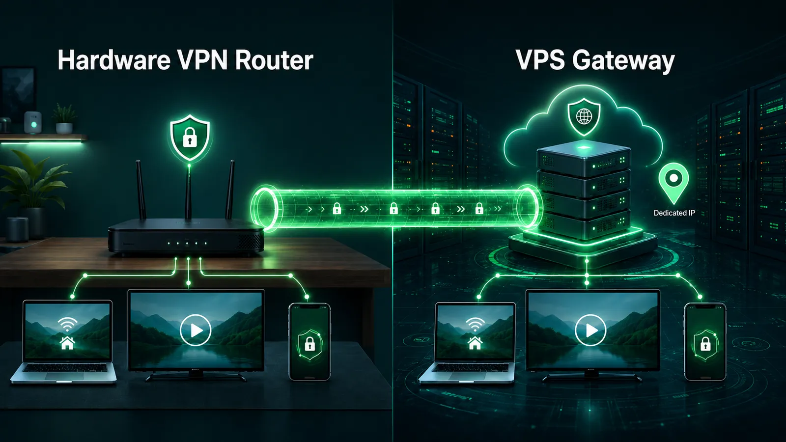 Hardware VPN router versus a VPS VPN gateway: encryption on a box you own at home versus the VPN daemon on a server you rent, with jurisdictional choice.